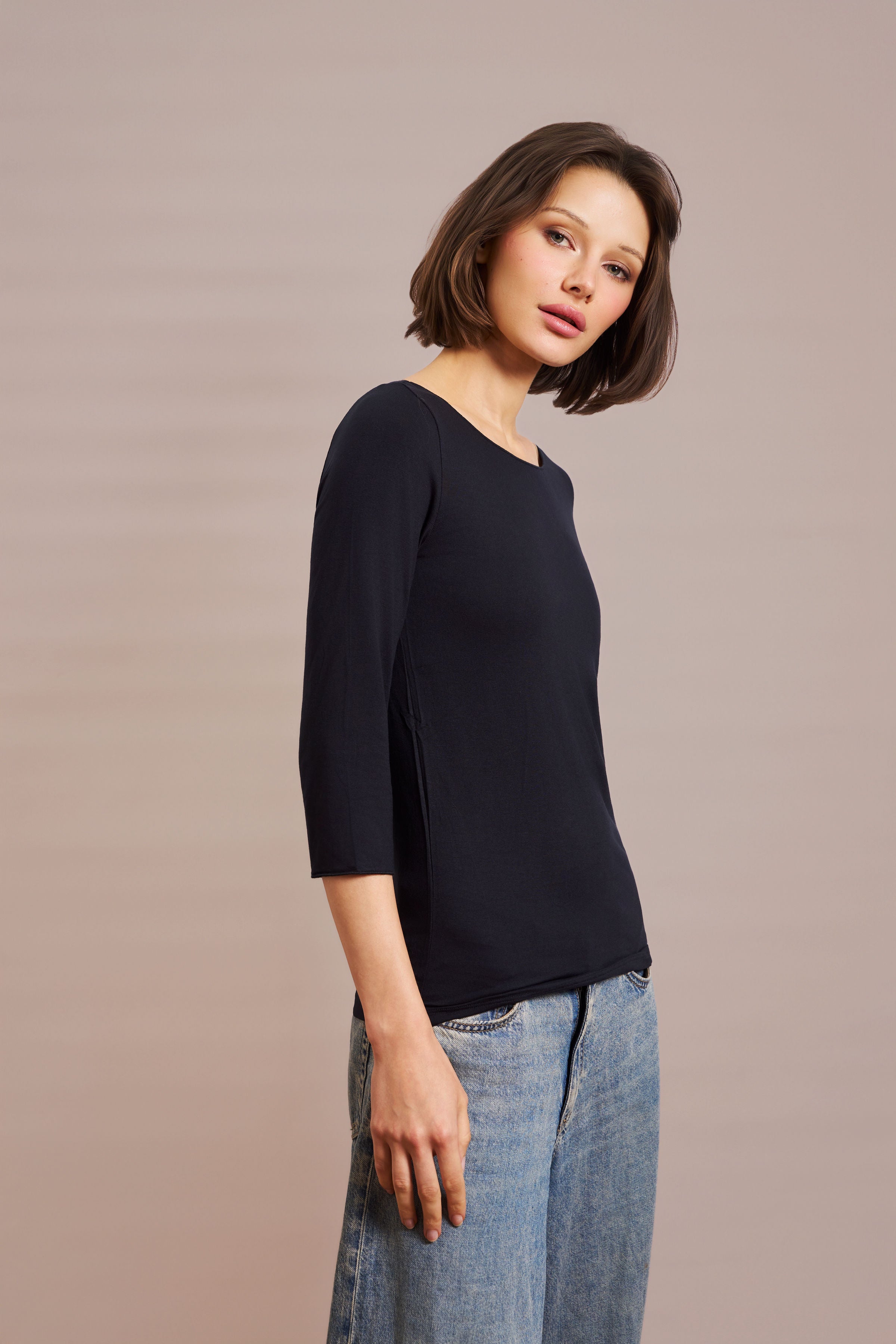 Majestic 3/4 Sleeve Viscose Boatneck Tee in Marine