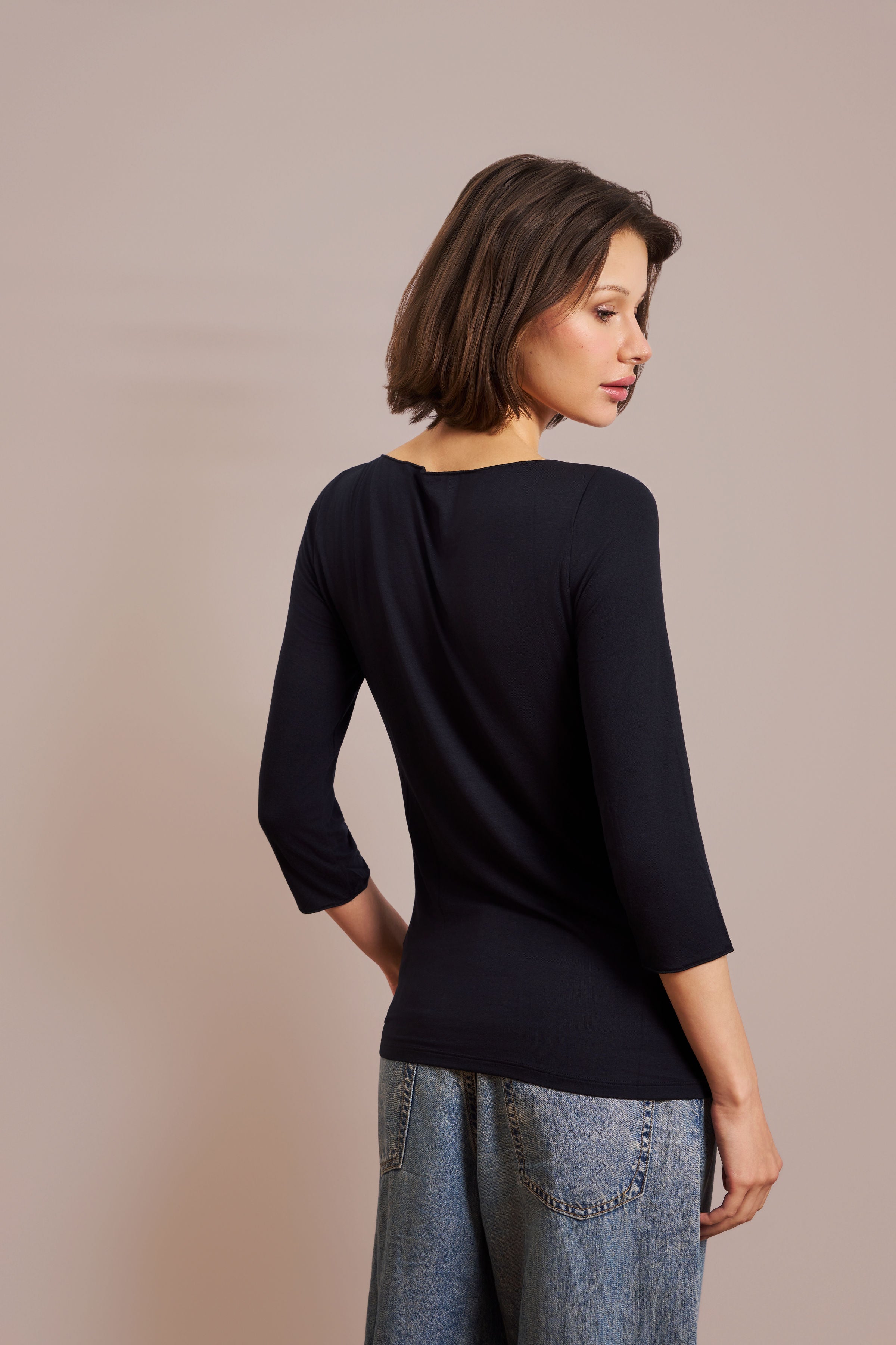 Majestic 3/4 Sleeve Viscose Boatneck Tee in Marine