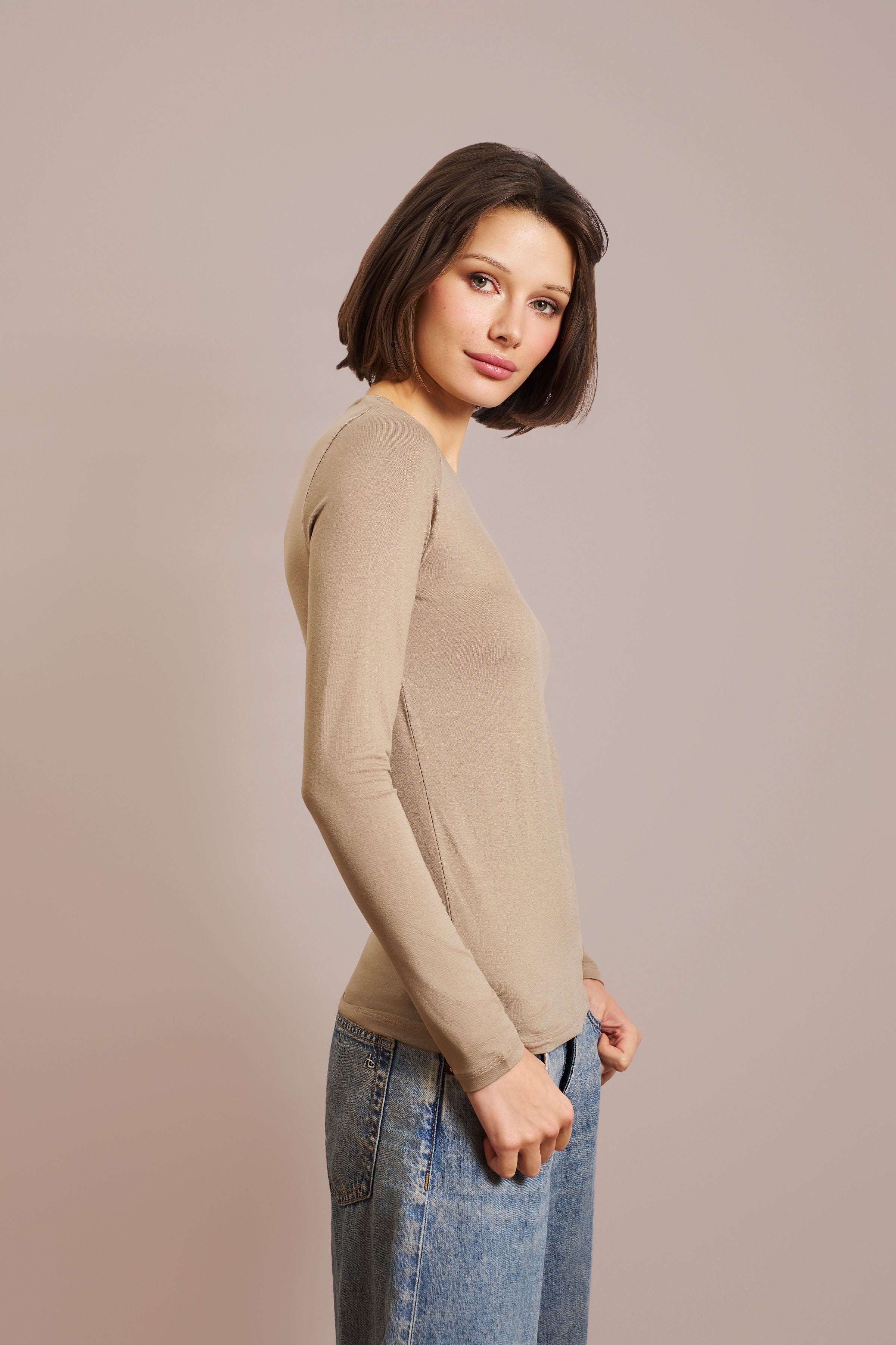 Majestic Long Sleeve Soft Touch Viscose Crewneck in Fossil