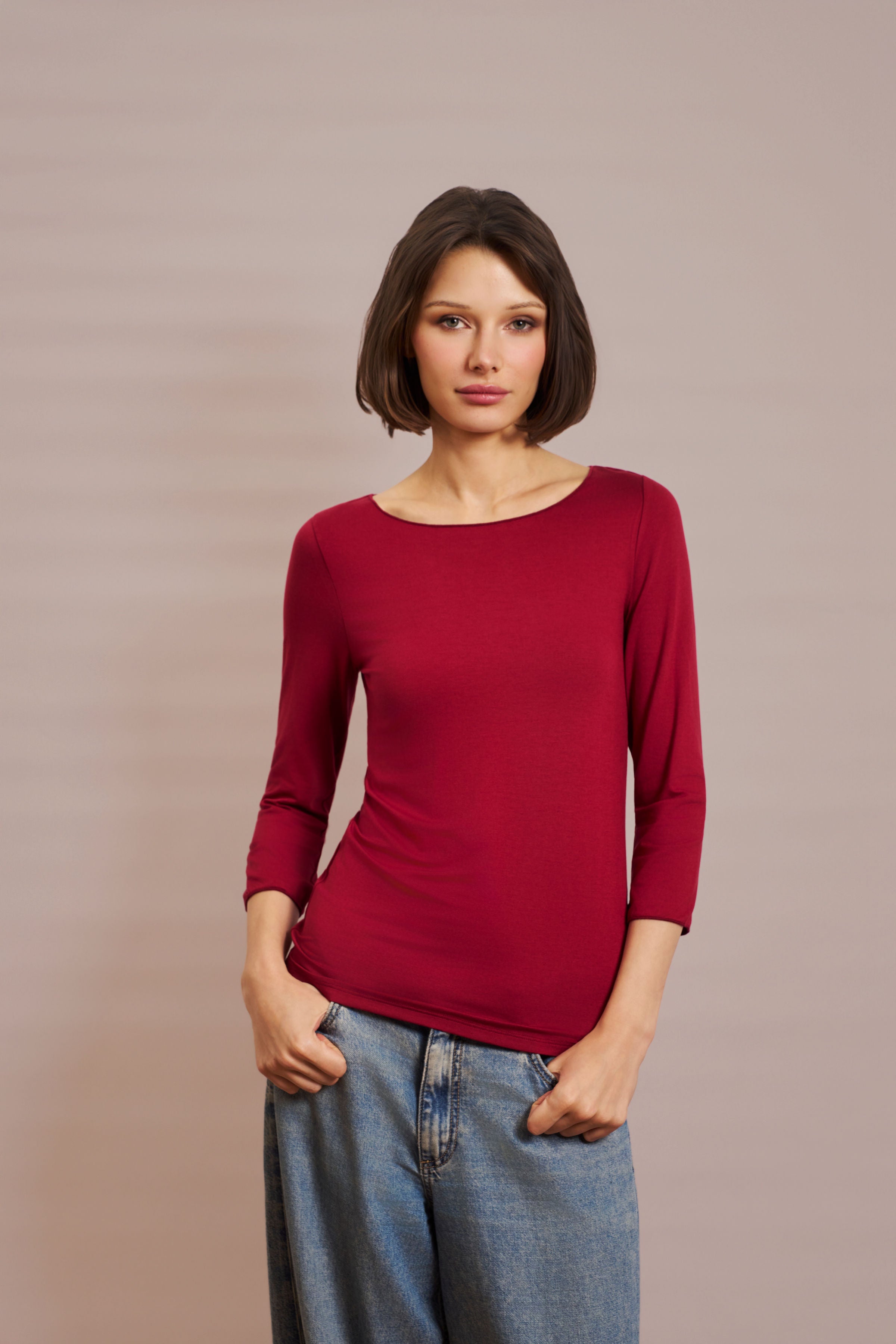 Majestic Soft Touch 3/4 Sleeve Merrow Edge Boatneck in Syrah