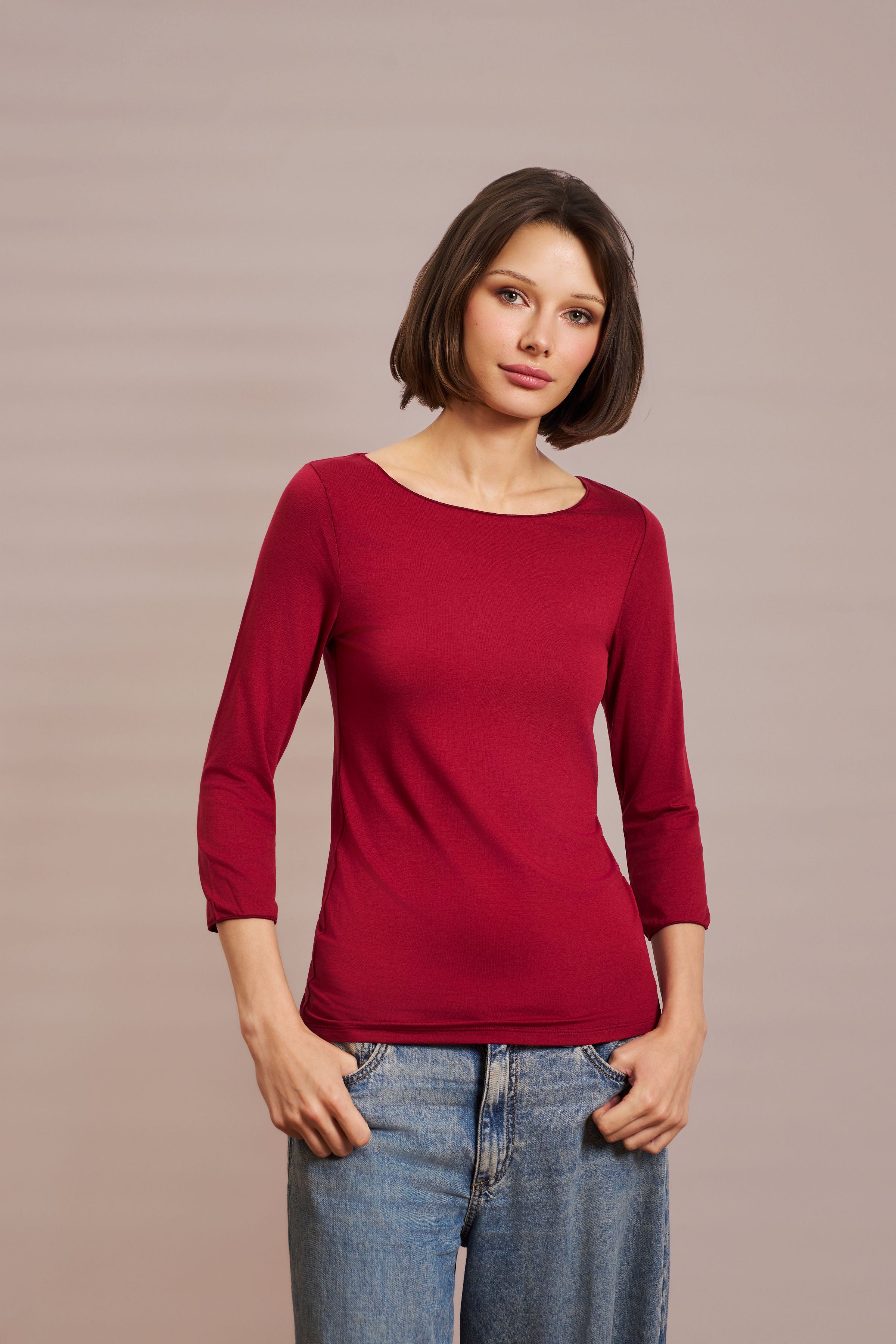 Majestic Soft Touch 3/4 Sleeve Merrow Edge Boatneck in Syrah