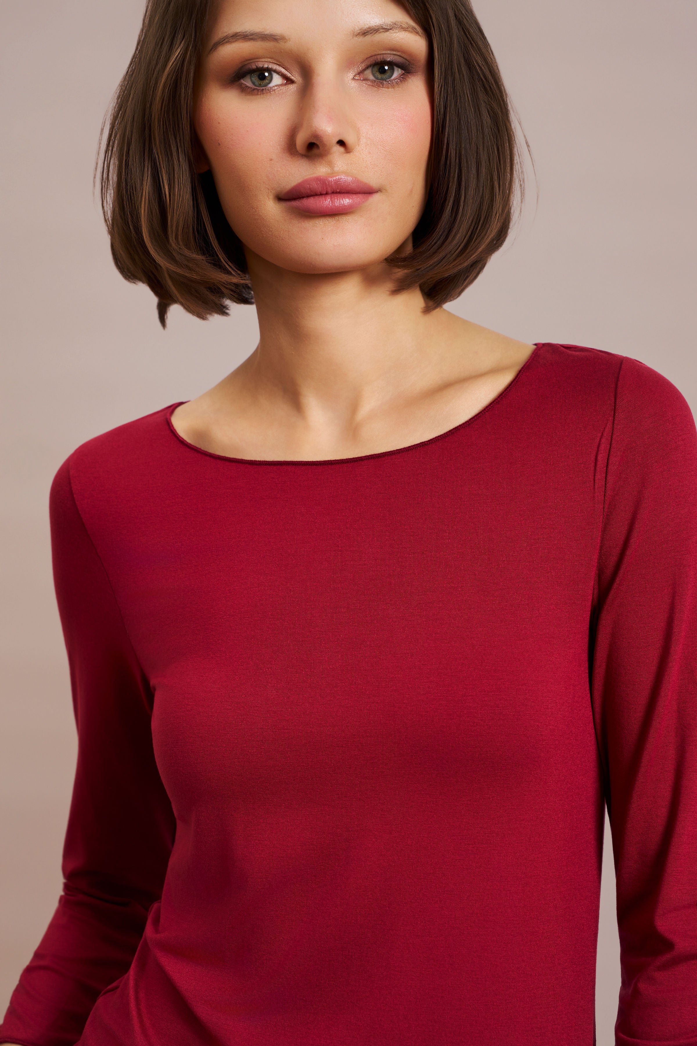 Majestic Soft Touch 3/4 Sleeve Merrow Edge Boatneck in Syrah