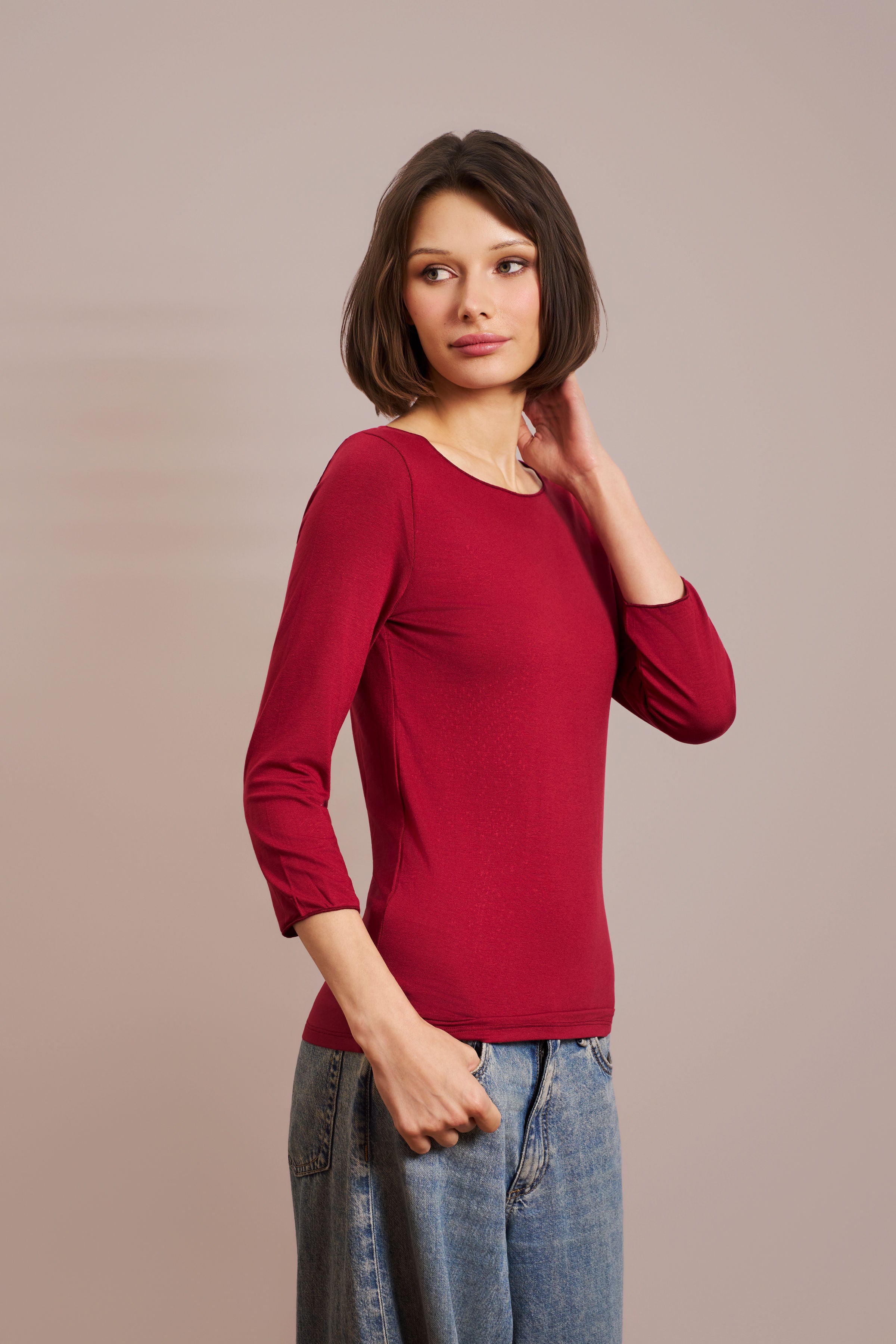 Majestic Soft Touch 3/4 Sleeve Merrow Edge Boatneck in Syrah