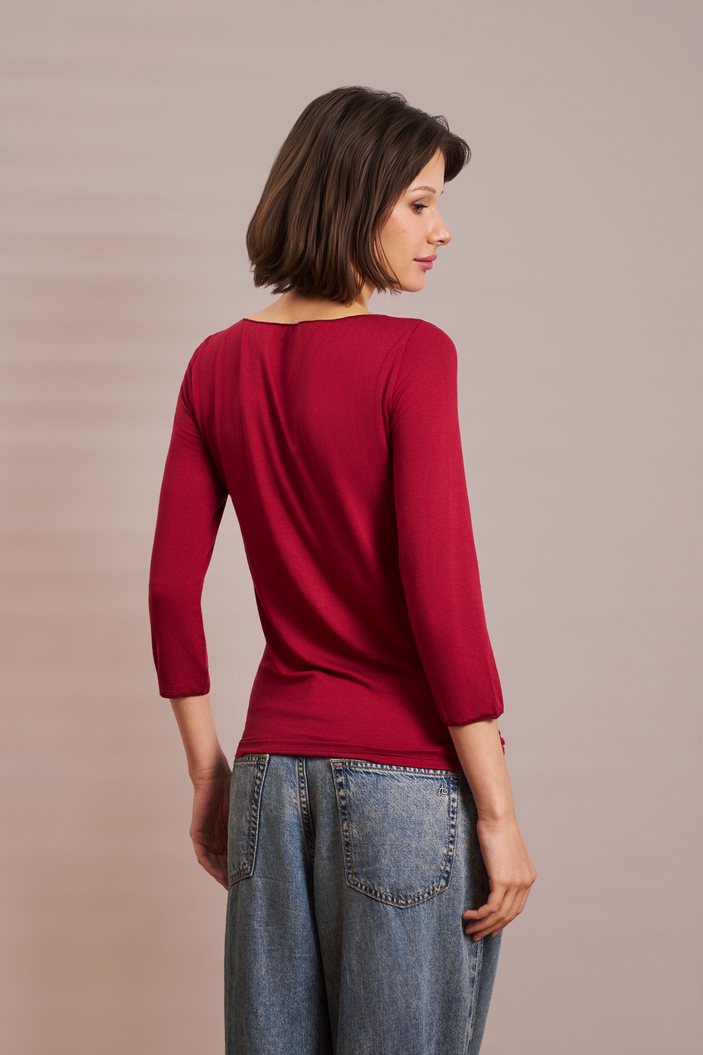 Majestic Soft Touch 3/4 Sleeve Merrow Edge Boatneck in Syrah