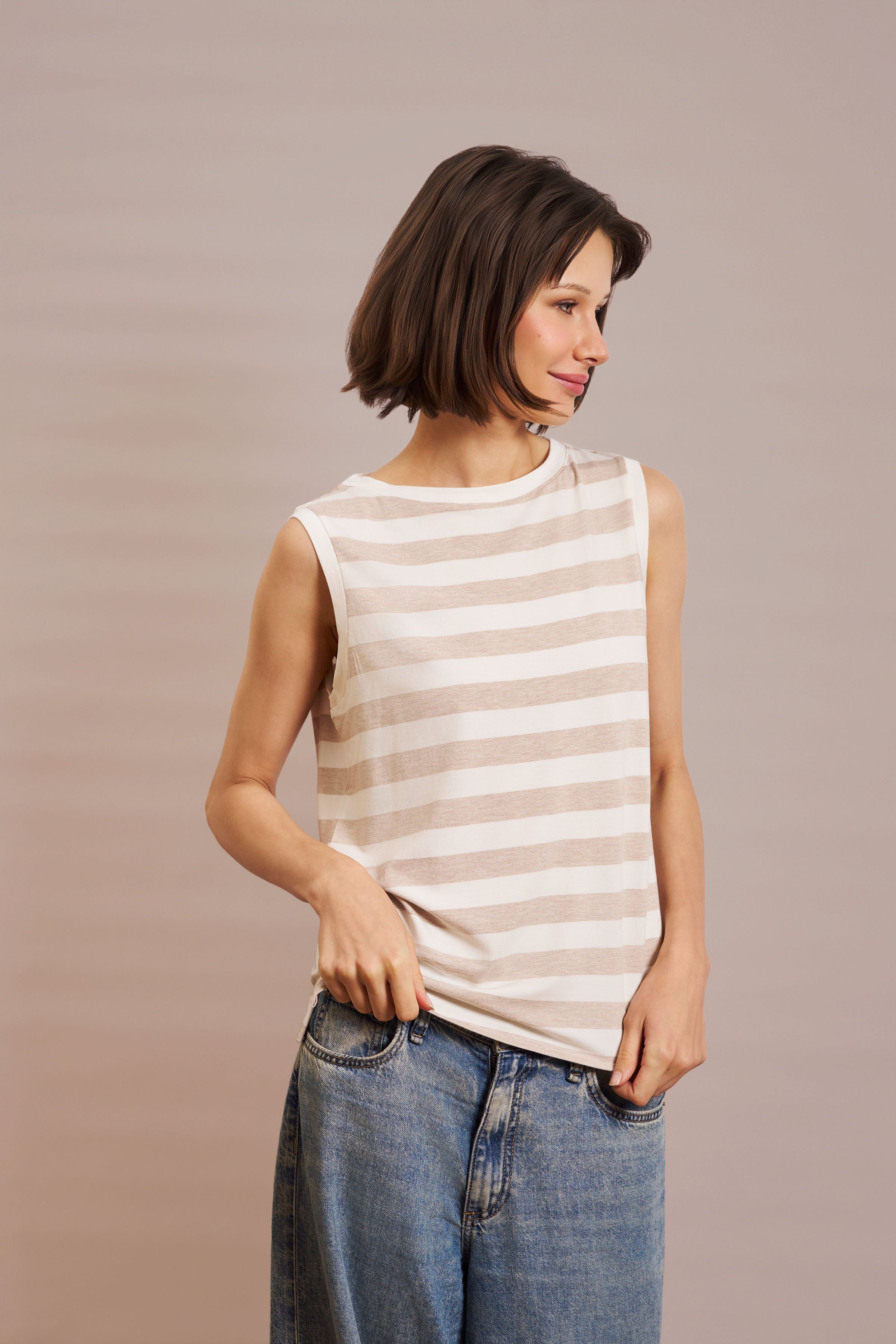 Majestic Soft Touch Semi Relaxed Boatneck Tank in Ecru Chine Stripe