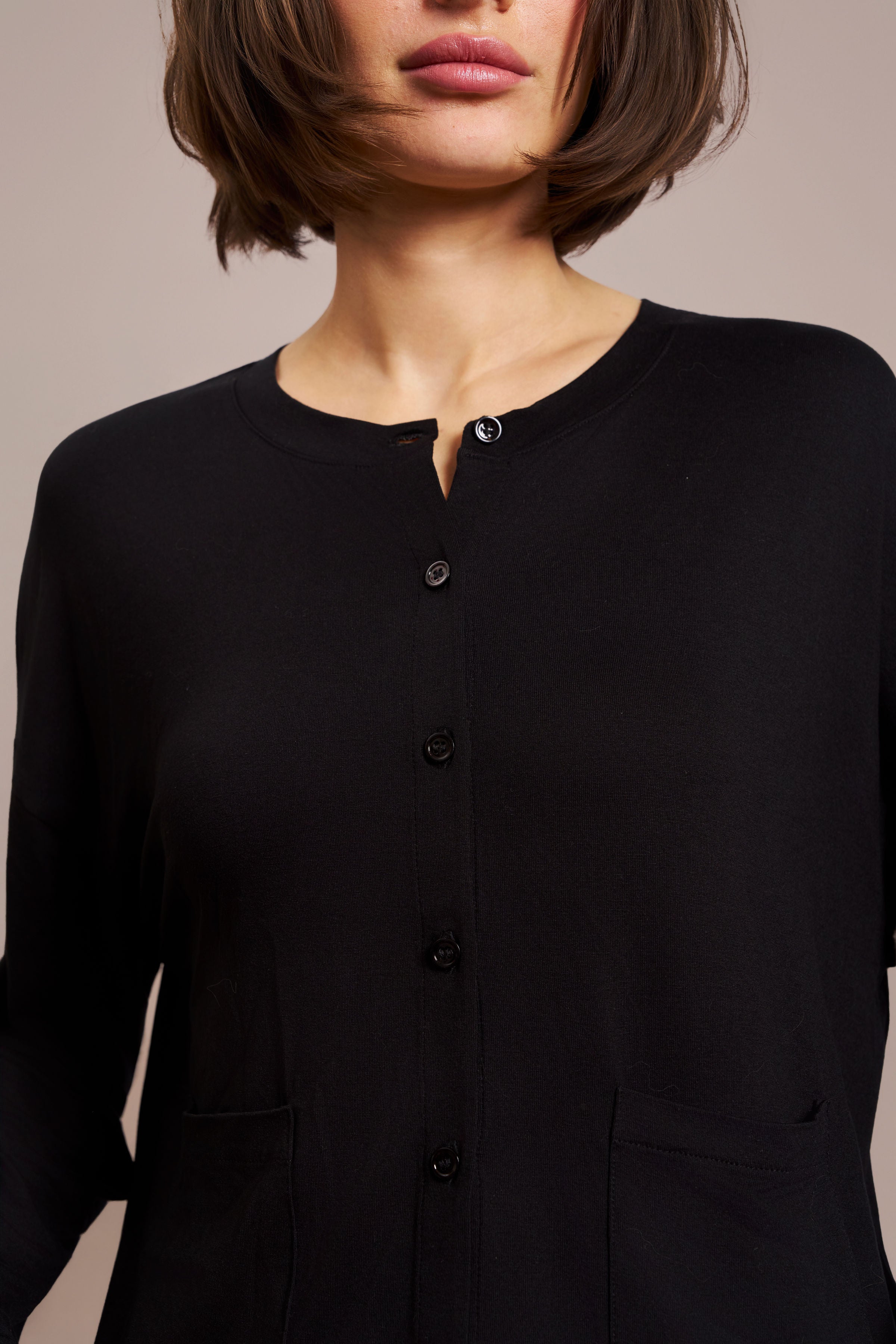 Majestic Soft Touch Long Sleeve Crewneck Cardigan in Noir