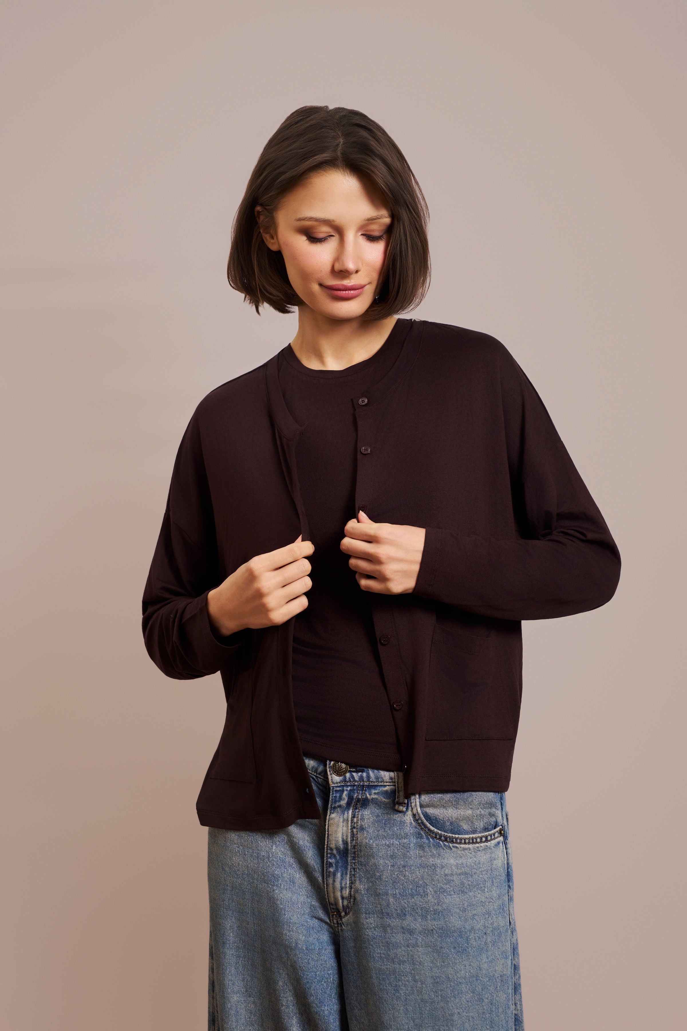 Majestic Soft Touch Long Sleeve Crewneck Cardigan in Aubergine
