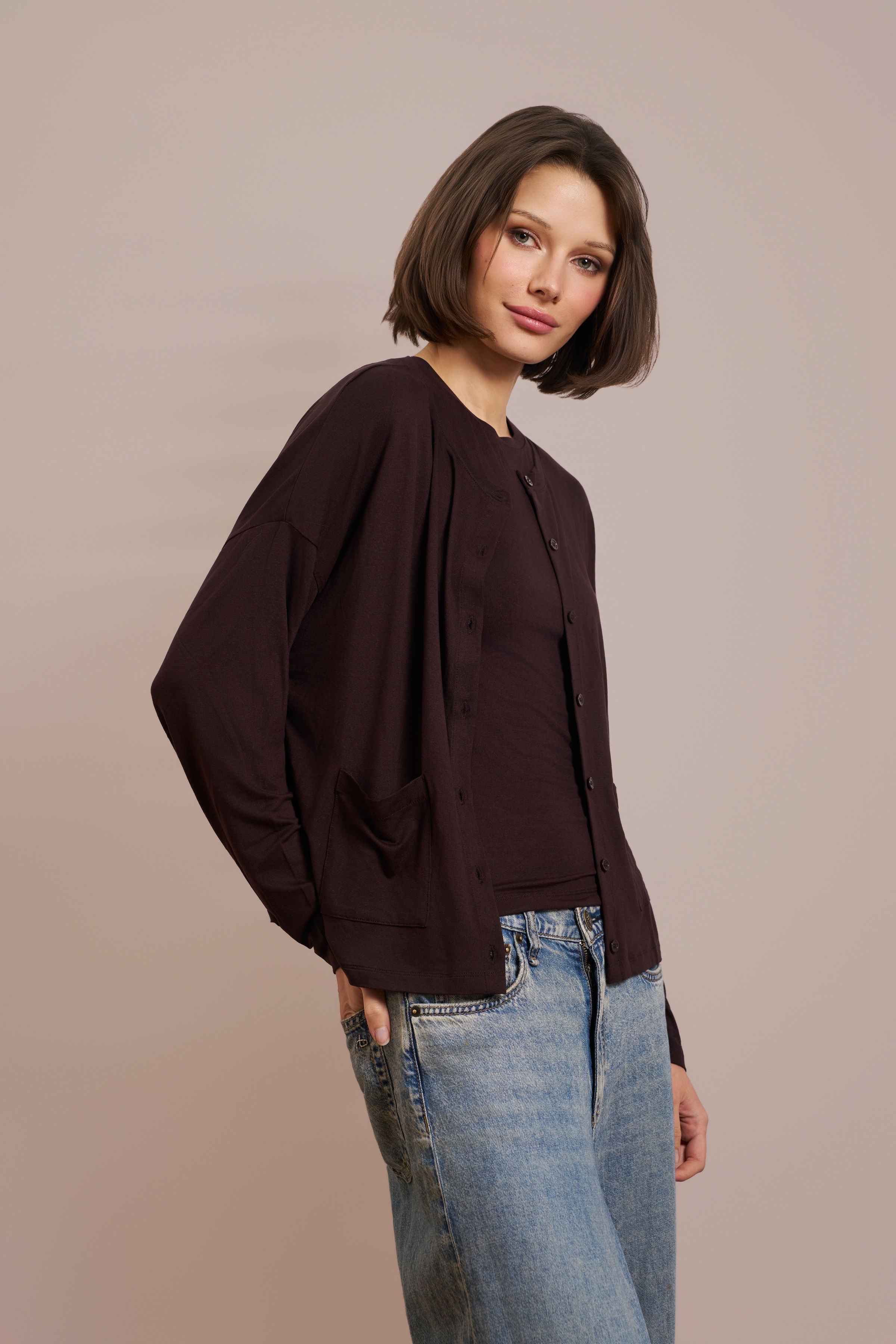 Majestic Soft Touch Long Sleeve Crewneck Cardigan in Aubergine