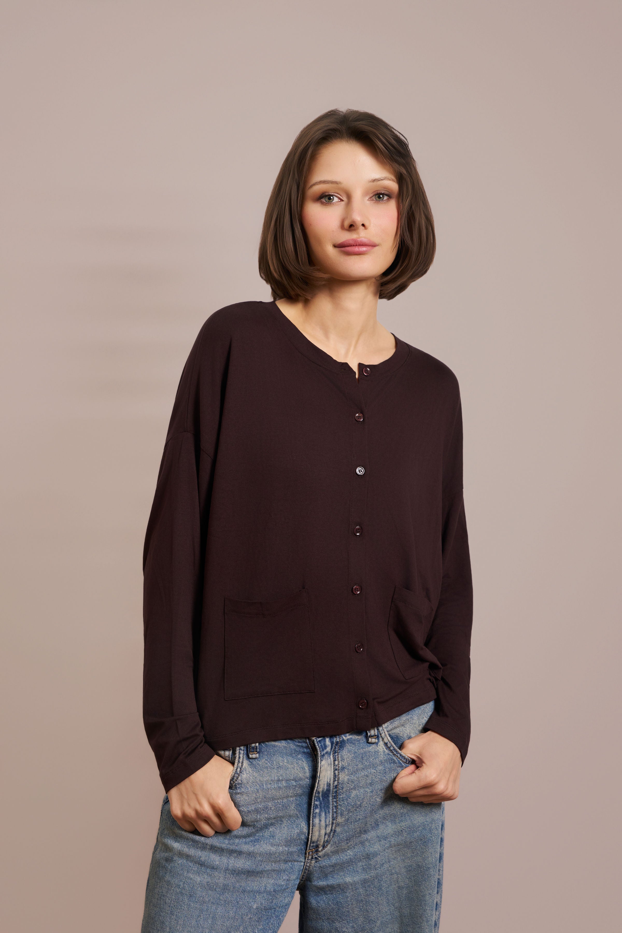 Majestic Soft Touch Long Sleeve Crewneck Cardigan in Aubergine