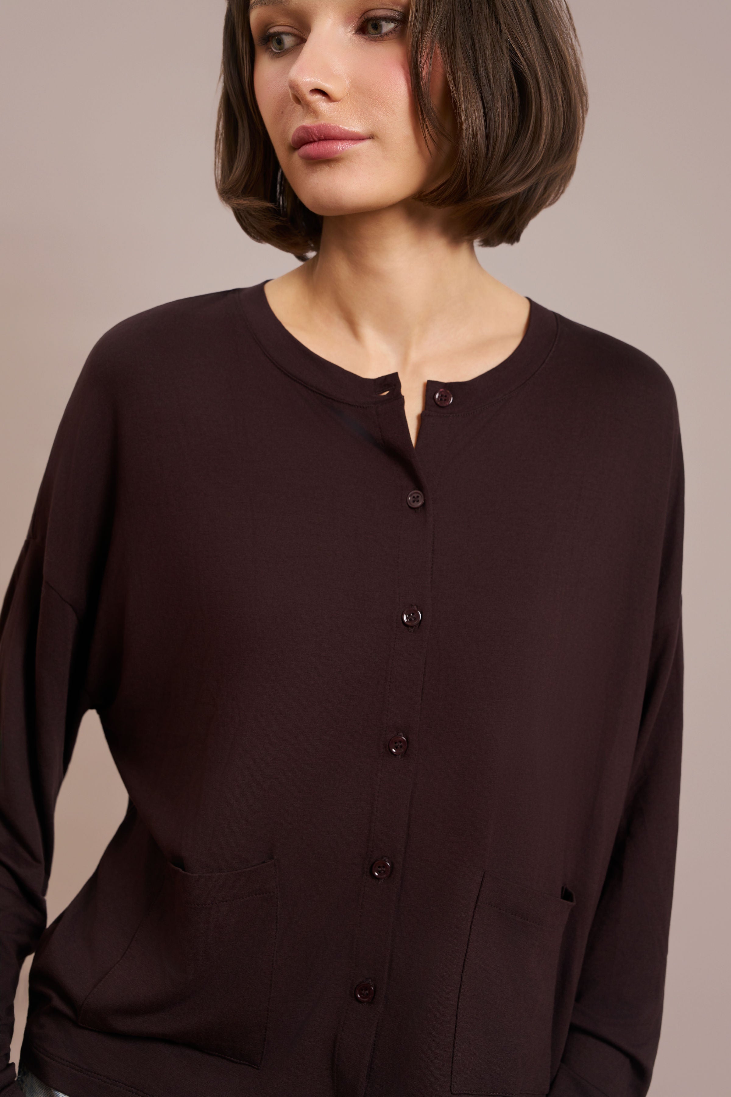 Majestic Soft Touch Long Sleeve Crewneck Cardigan in Aubergine
