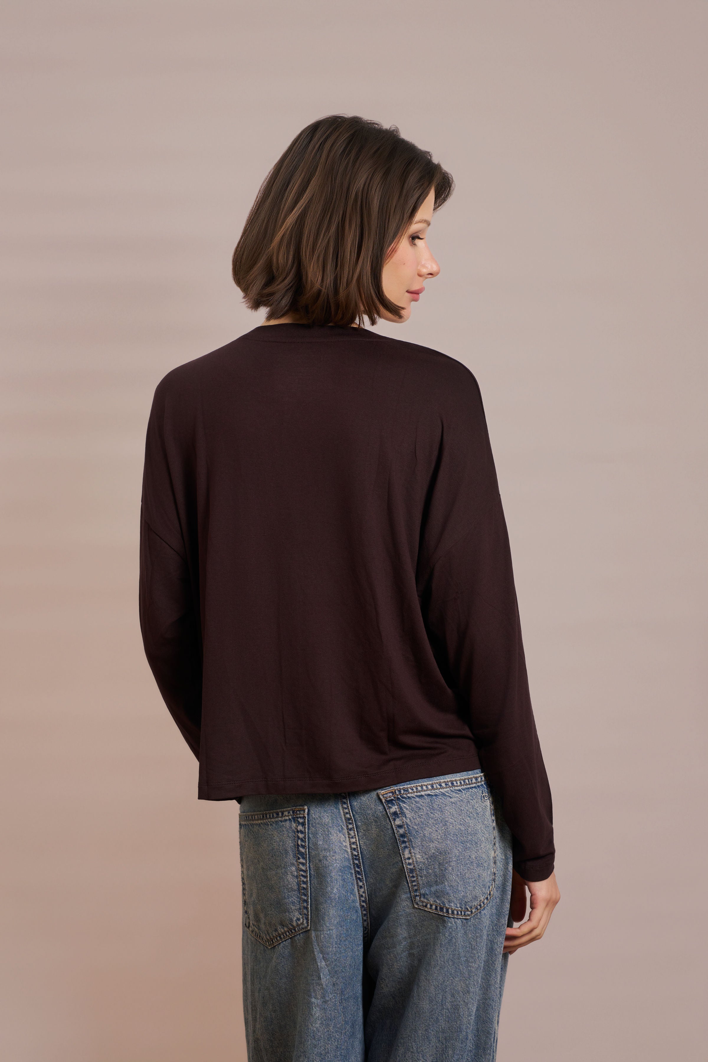 Majestic Soft Touch Long Sleeve Crewneck Cardigan in Aubergine