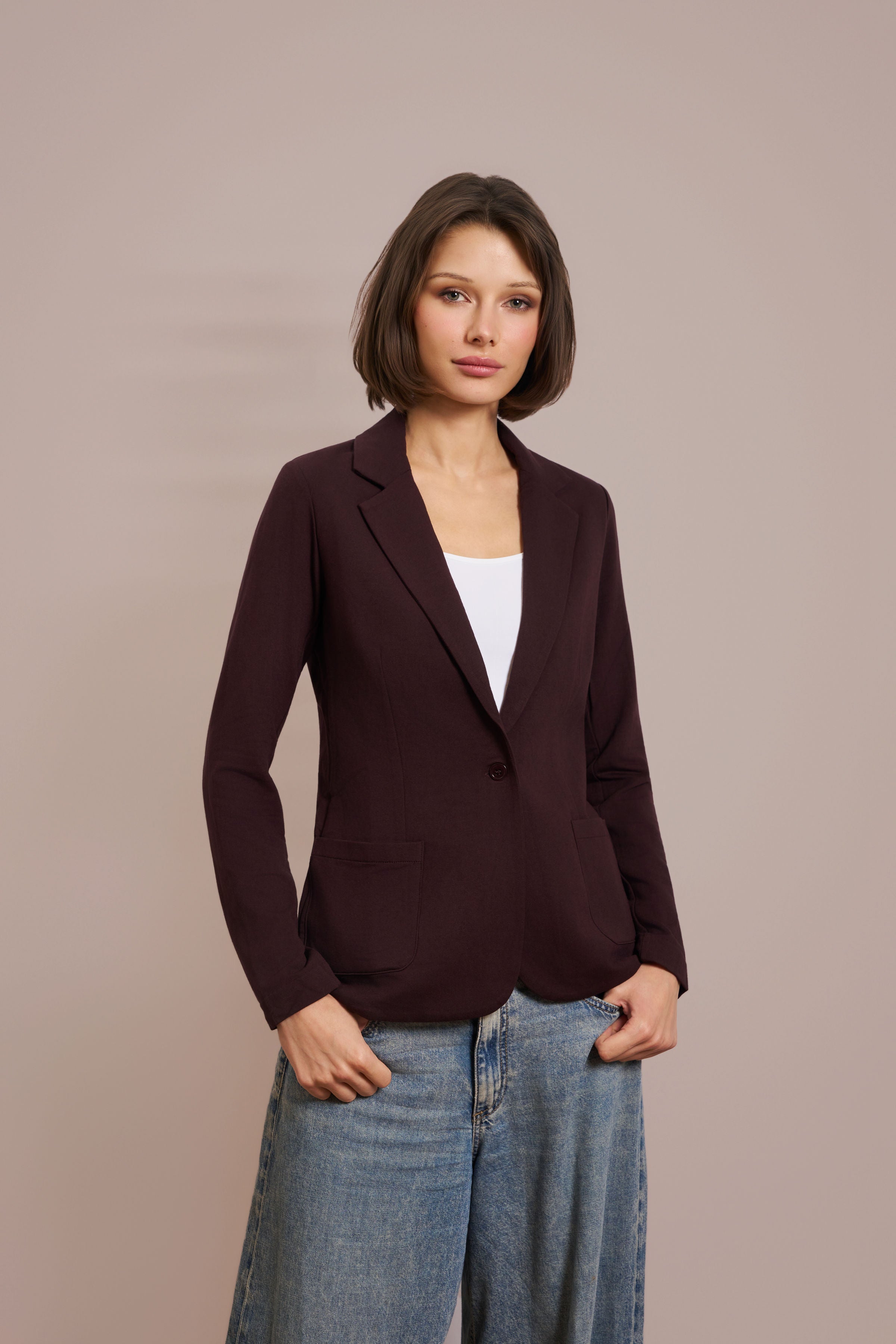 Majestic French Touch One Button Blazer in Aubergine