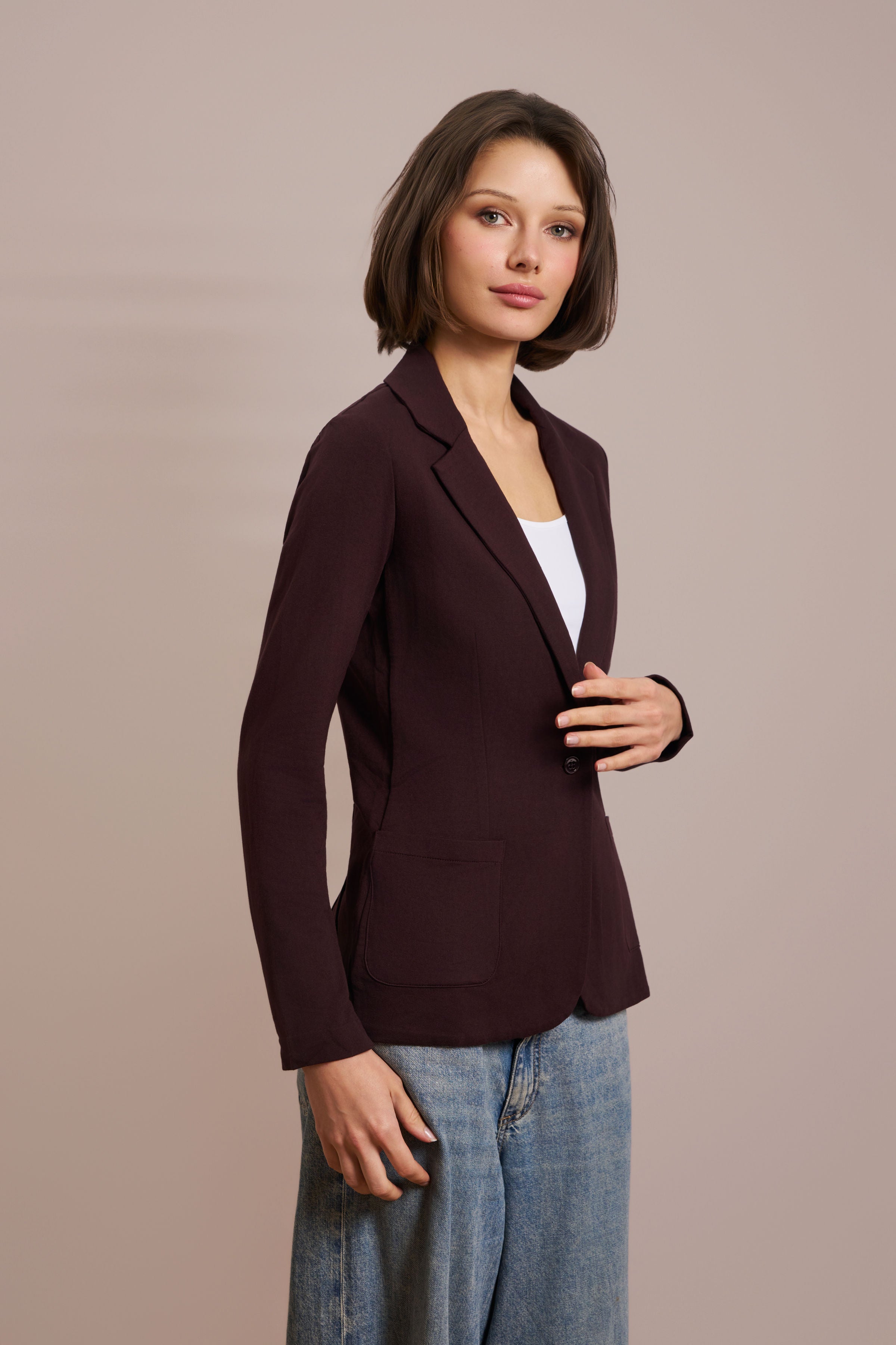 Majestic French Touch One Button Blazer in Aubergine