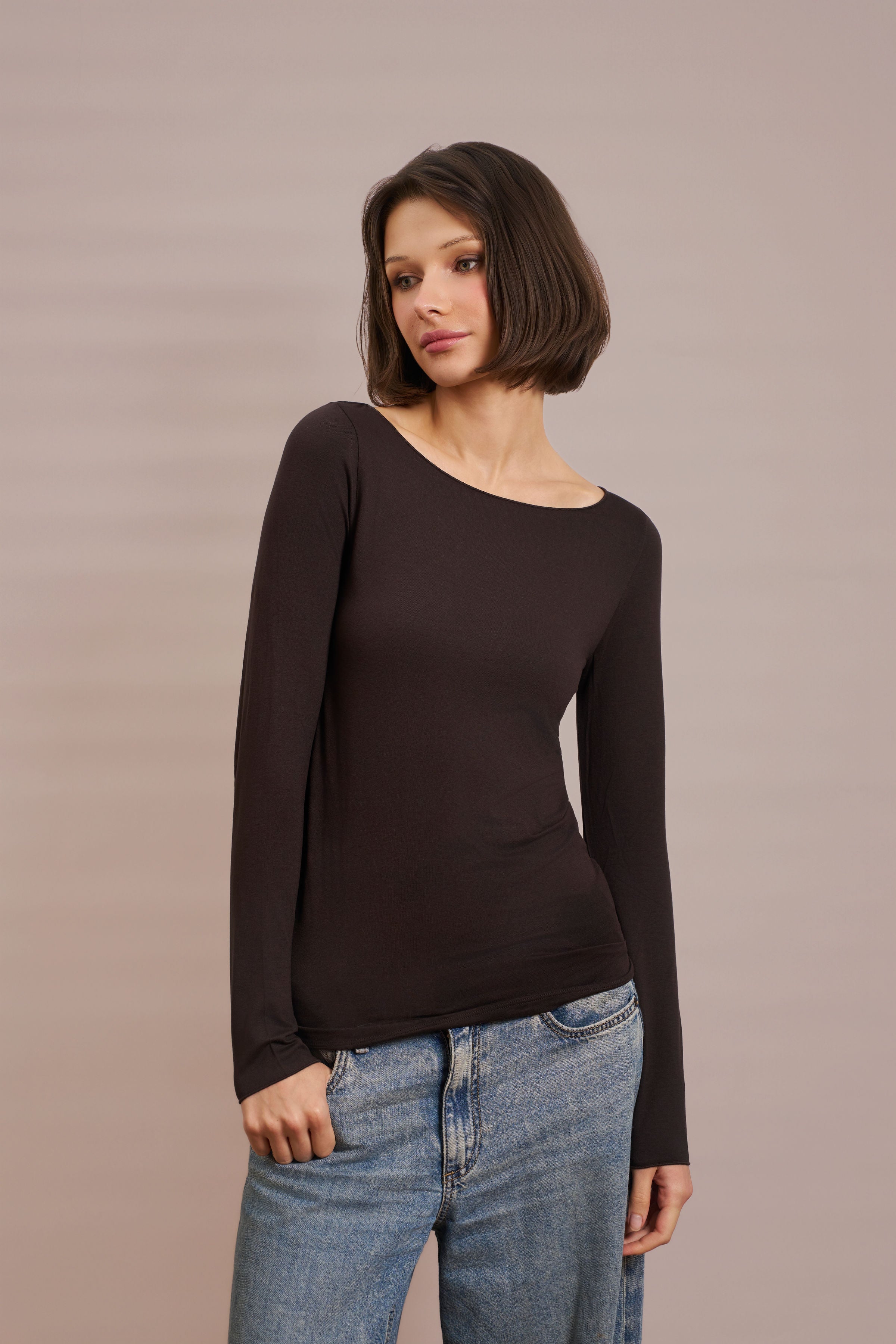 Majestic Soft Touch Long Sleeve Boatneck in Chocolate Mousse