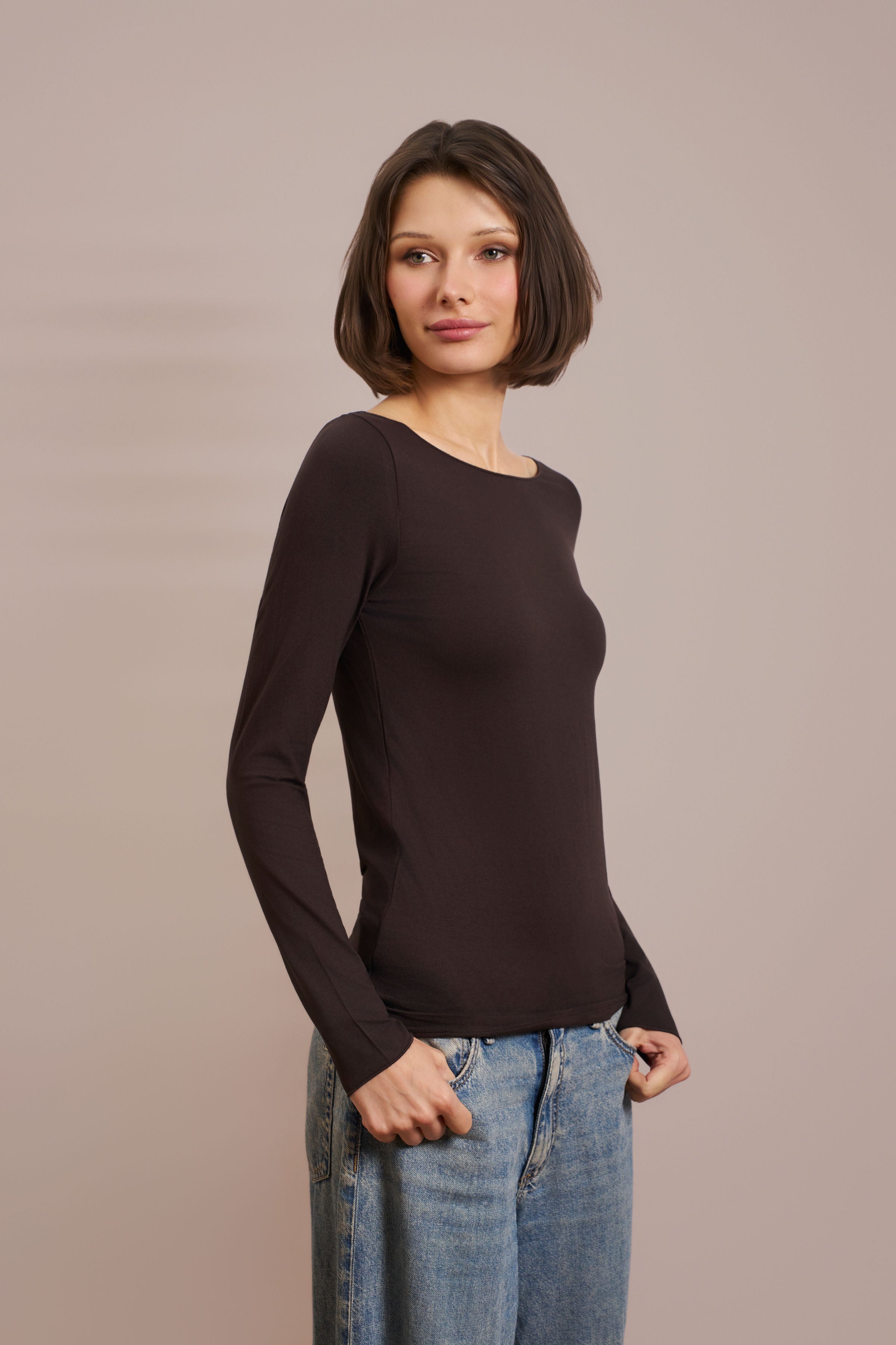 Majestic Soft Touch Long Sleeve Boatneck in Chocolate Mousse