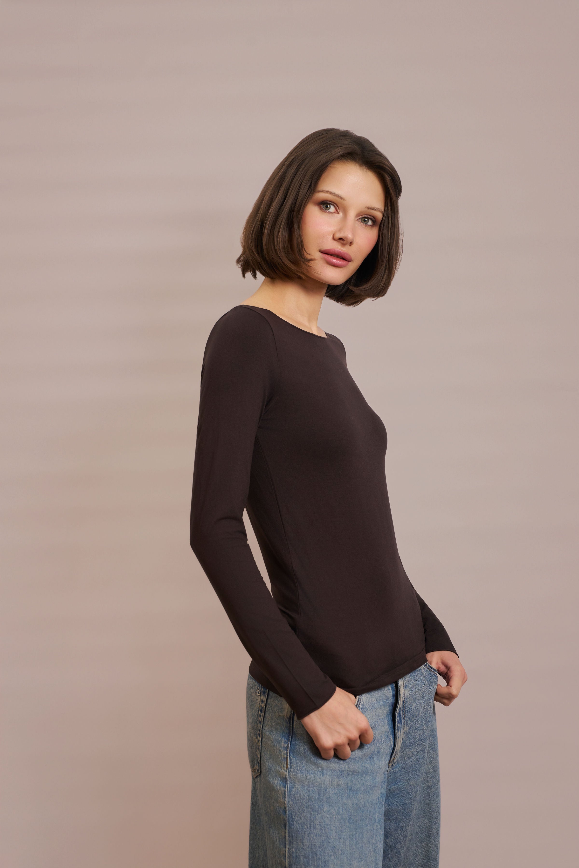 Majestic Soft Touch Long Sleeve Boatneck in Chocolate Mousse