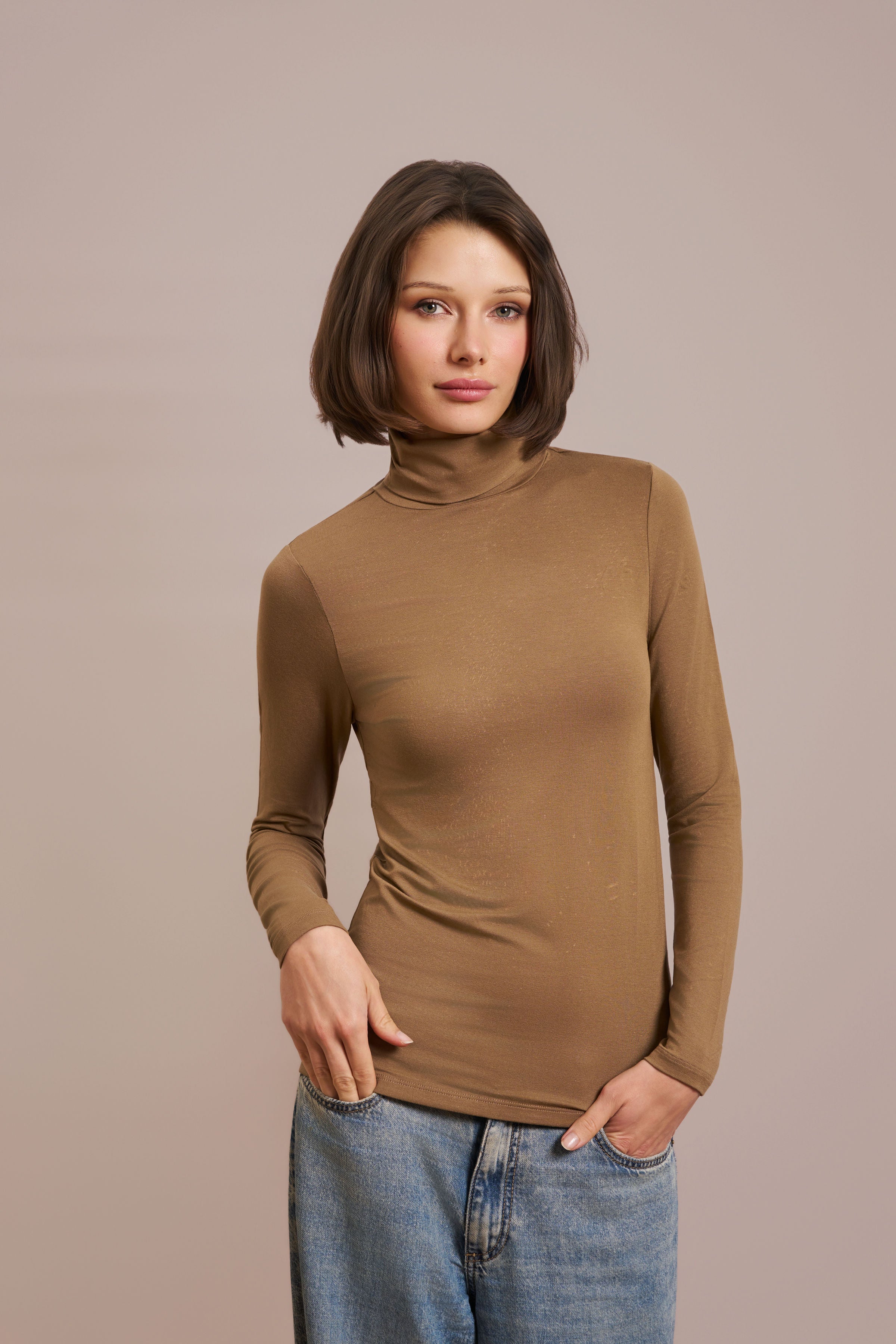 Majestic Soft Touch Long Sleeve Turtleneck in Havana
