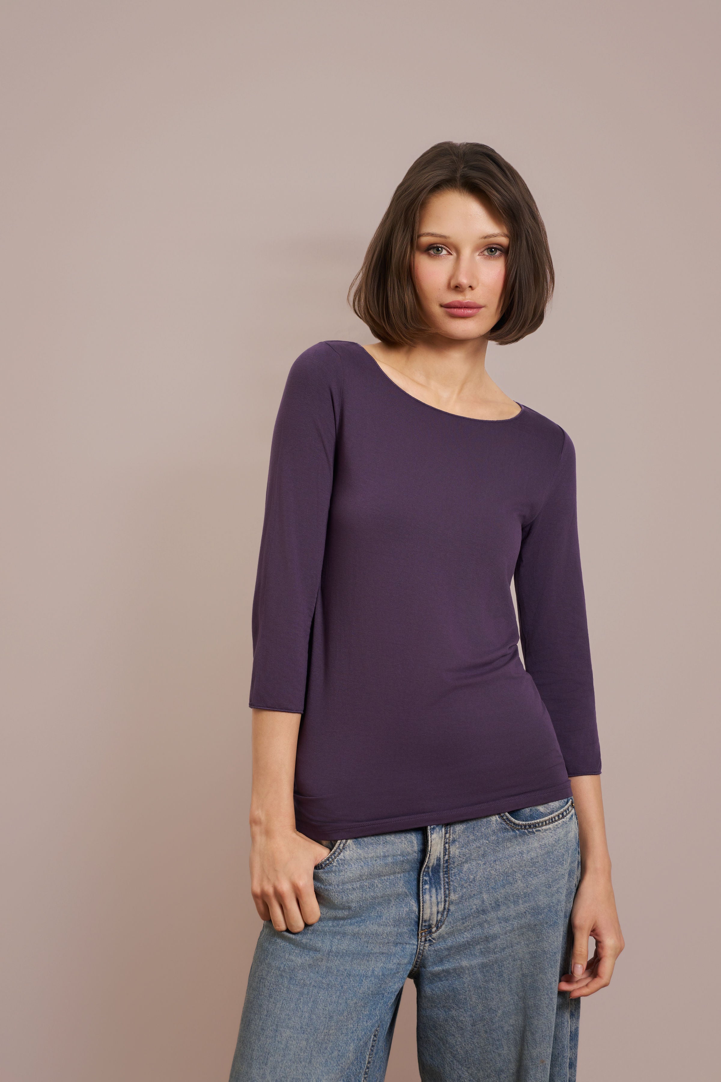 Majestic Soft Touch 3/4 Sleeve Merrow Edge Boatneck in Anemone