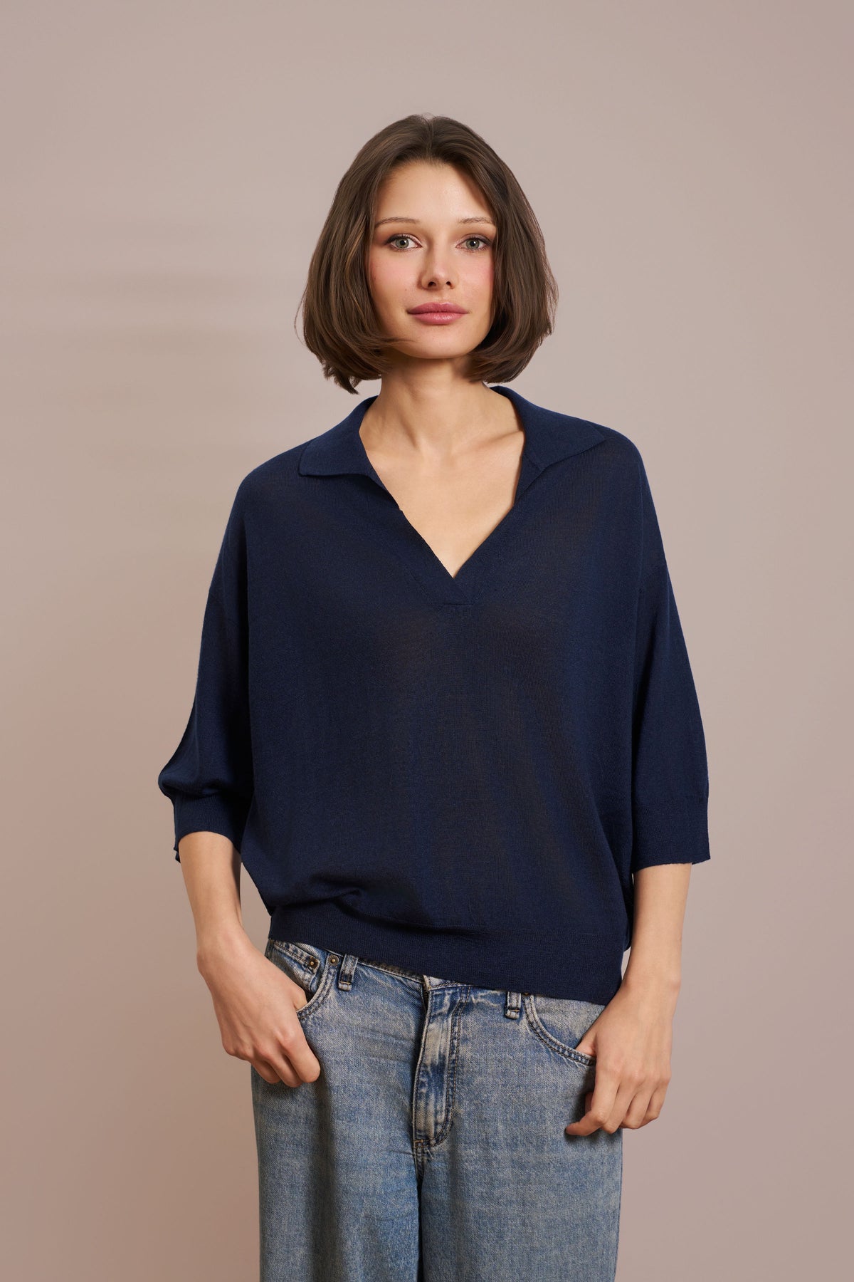 Elbow Sleeve Polo in Marine