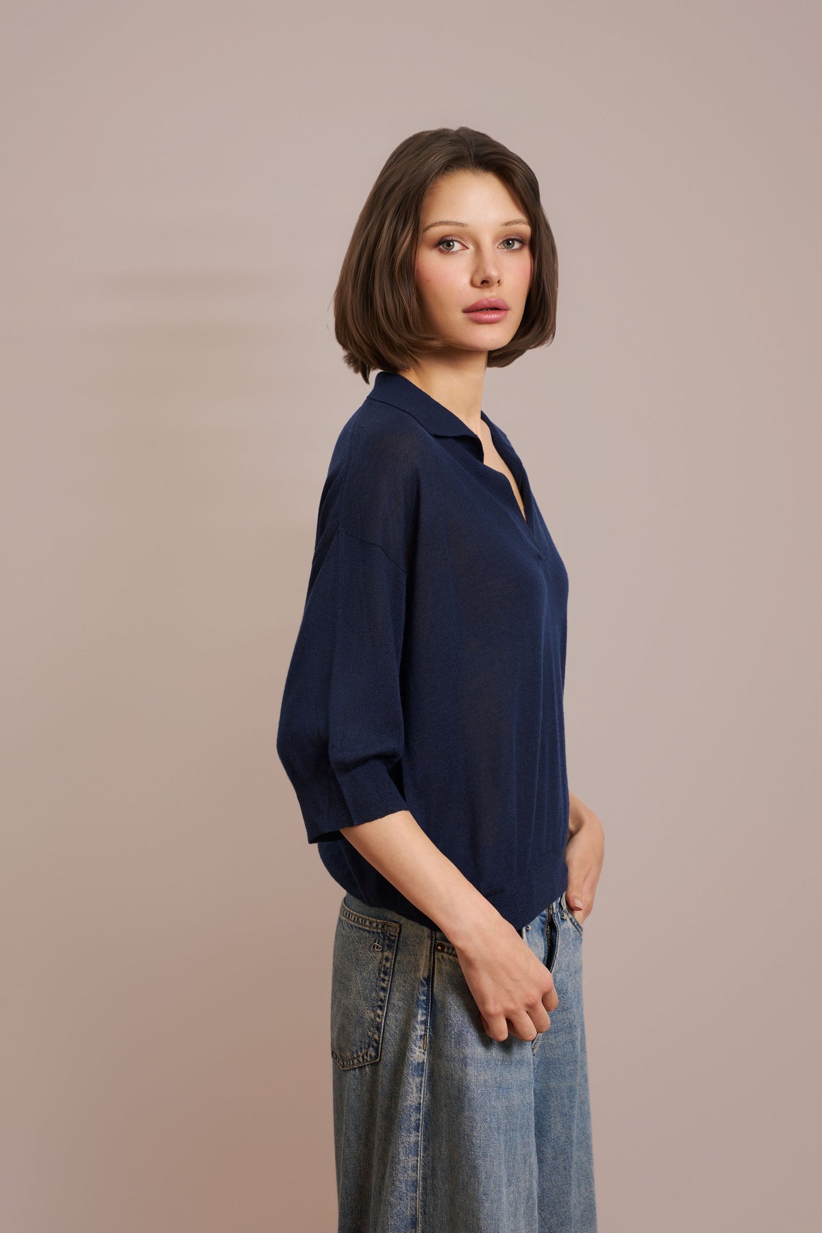 Elbow Sleeve Polo in Marine