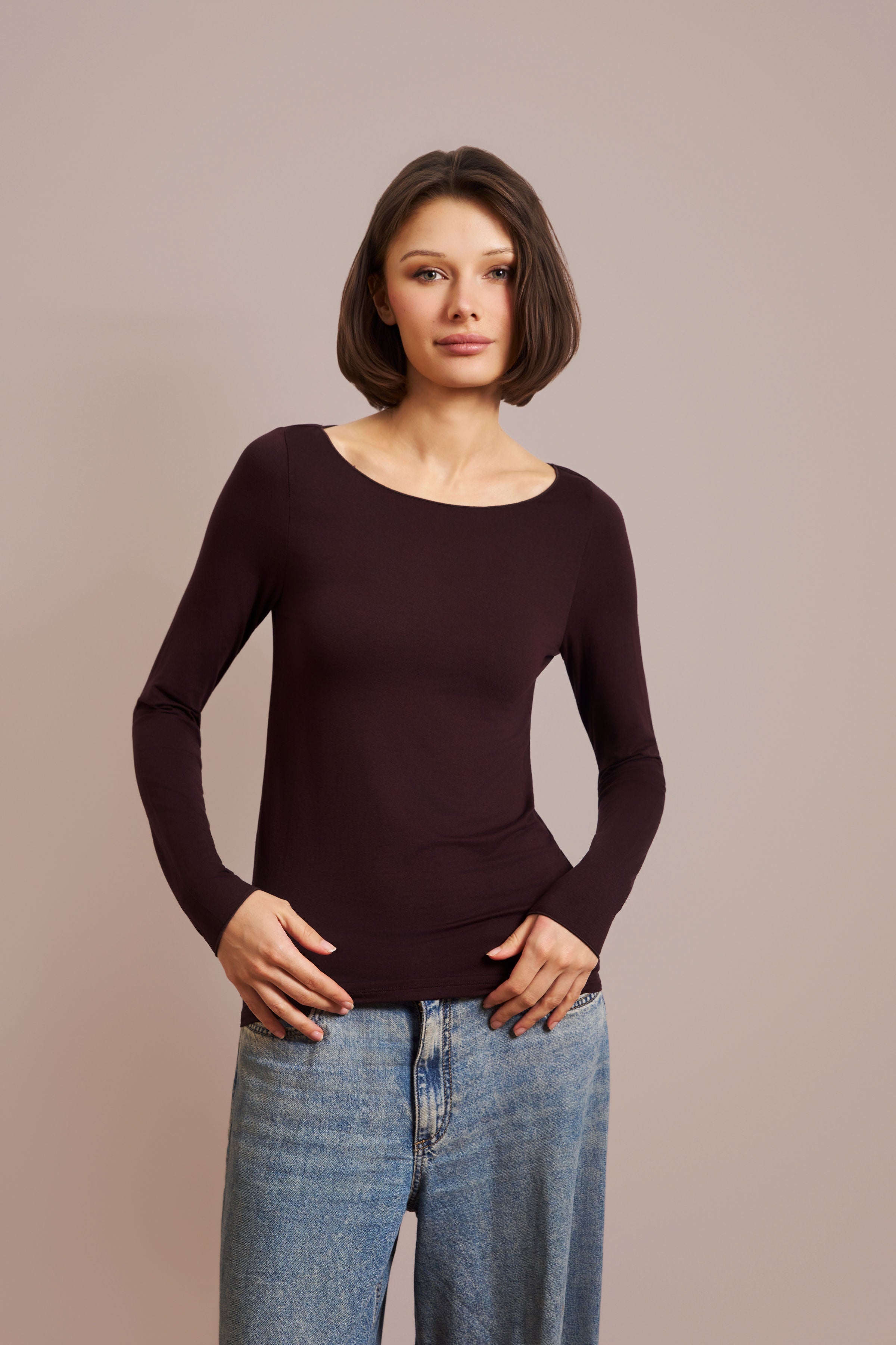 Majestic Soft Touch Long Sleeve Boatneck in Aubergine