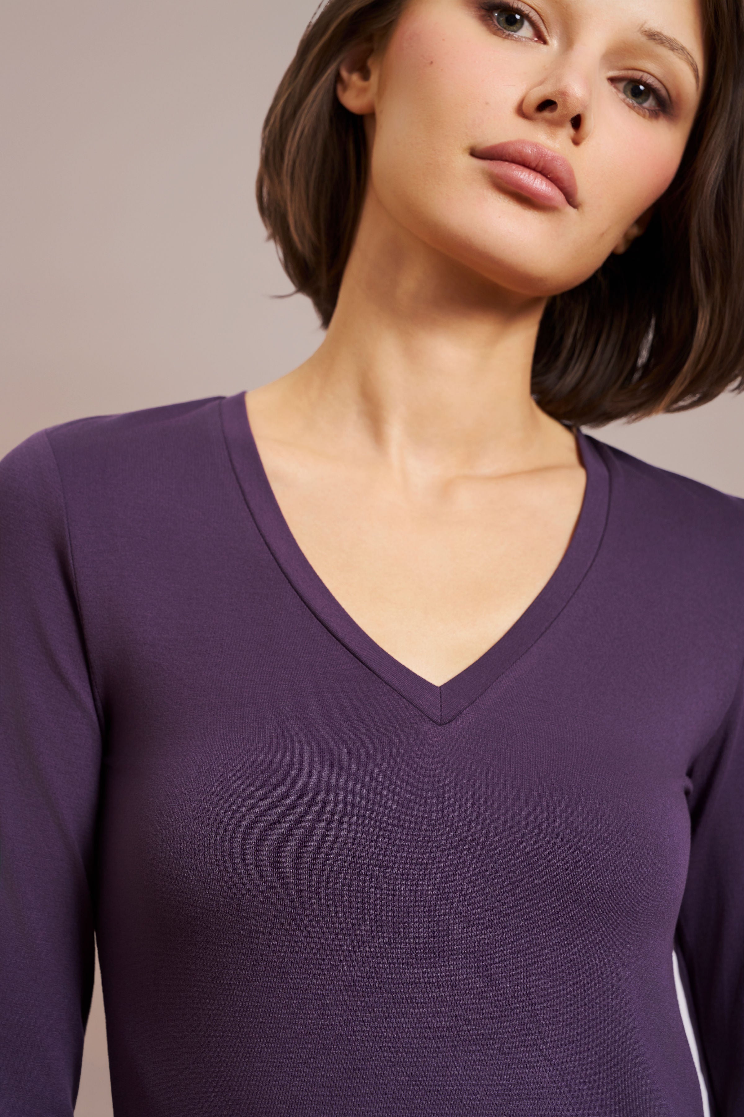 Majestic Long Sleeve Viscose V-Neck Tee in Anemone
