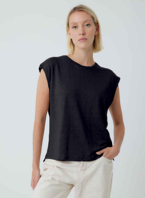 Stretch Linen Crewneck Cap Sleeve Tank in Noir