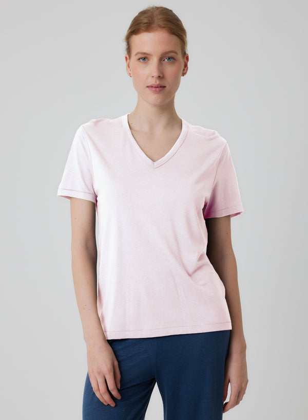 Majestic Lyocell Cotton Semi Relaxed Short Sleeve V-Neck in Petale