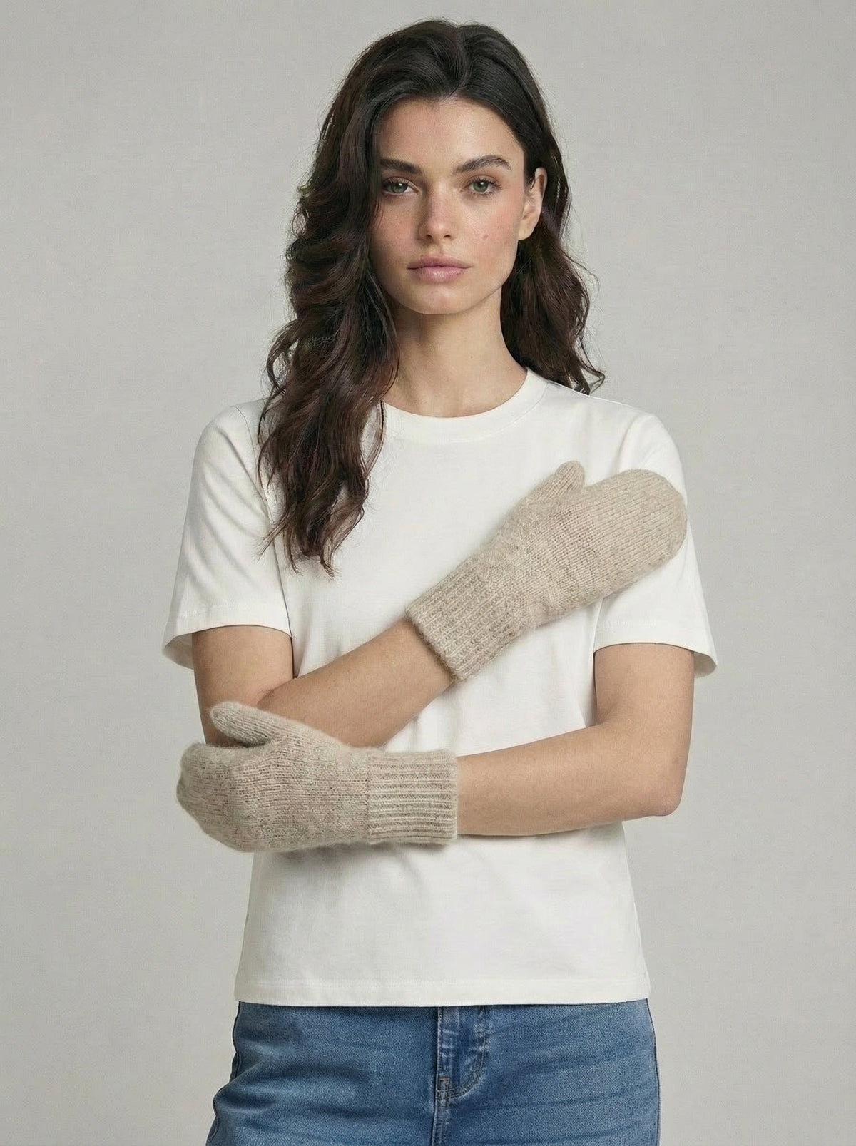 Cashmere Mittens in Ecru Chine