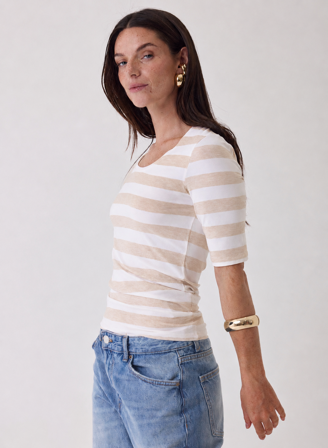 Soft Touch Stripe Elbow Sleeve Tee in Ecru Chine