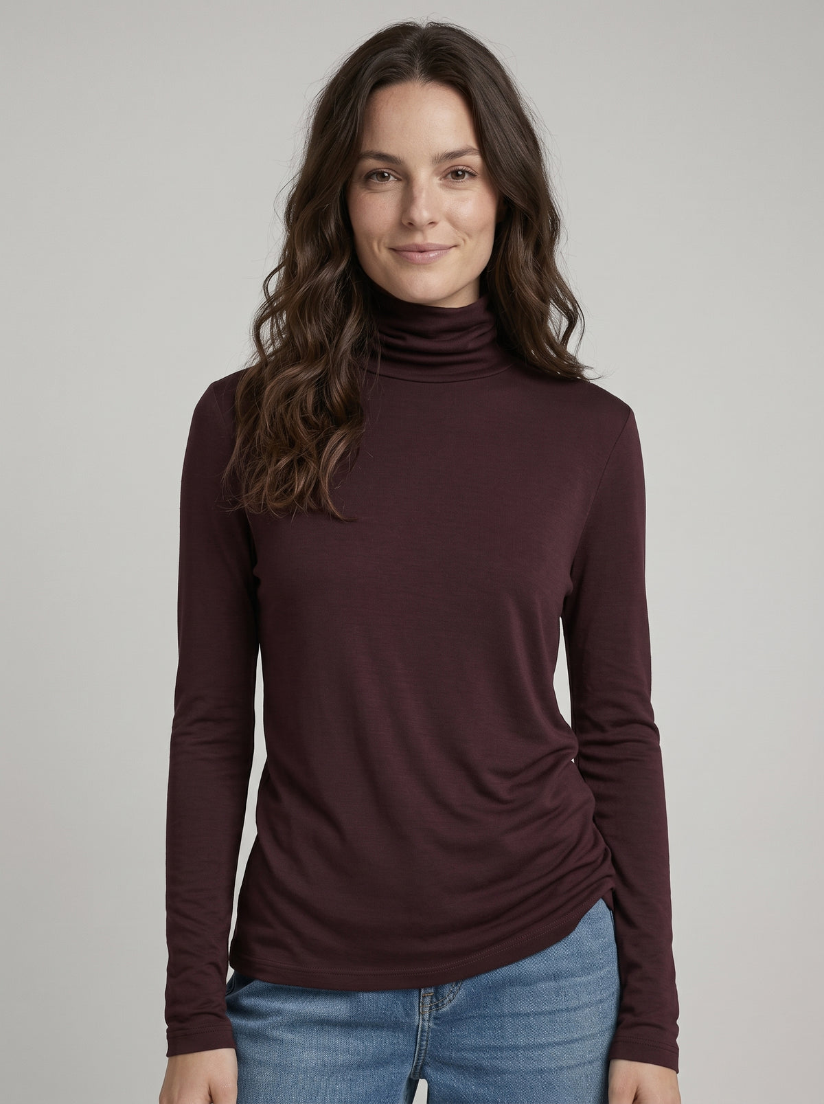 Soft Touch Crop Long Sleeve Mock Neck in Aubergine