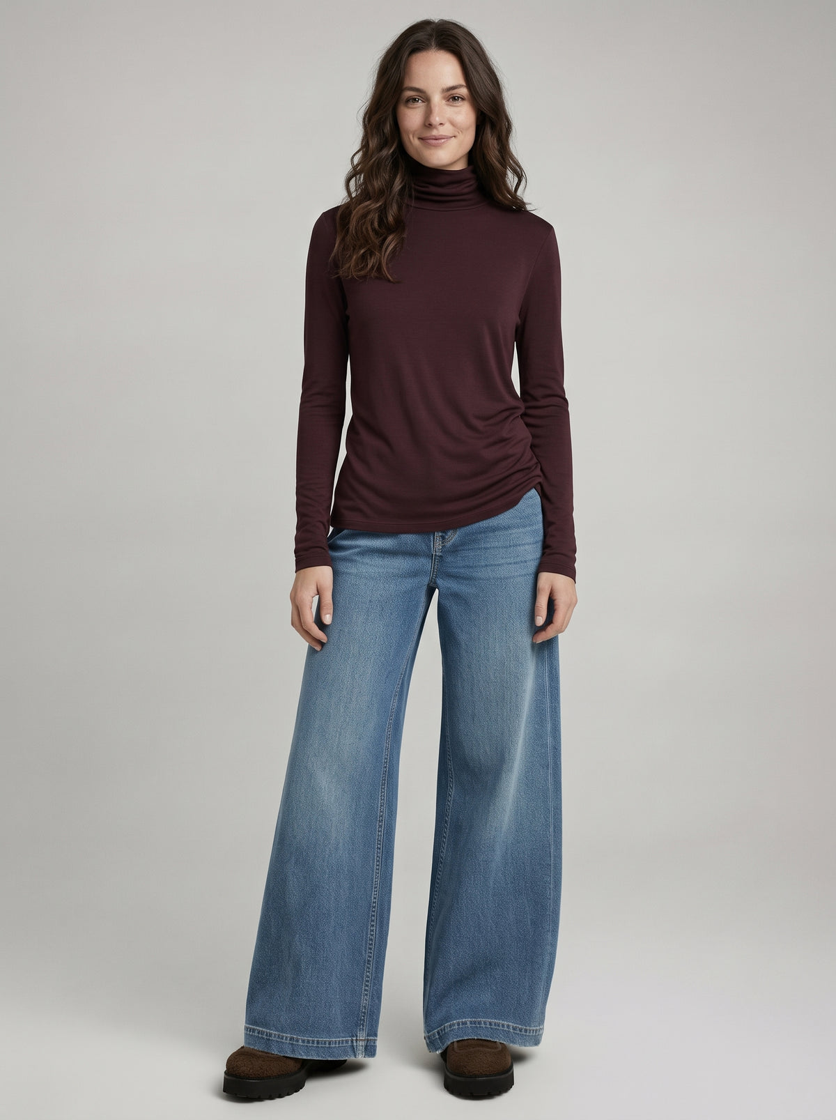 Soft Touch Crop Long Sleeve Mock Neck in Aubergine