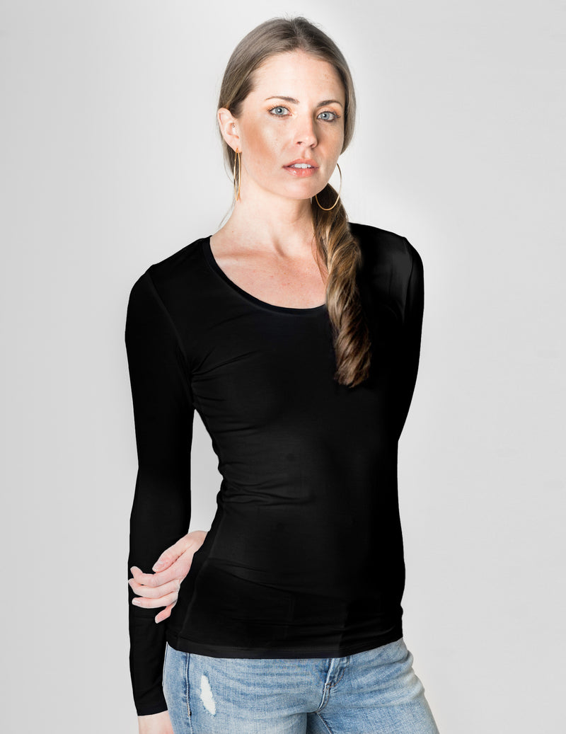 Majestic Long Sleeve Viscose Scoop Neck Tee in Black