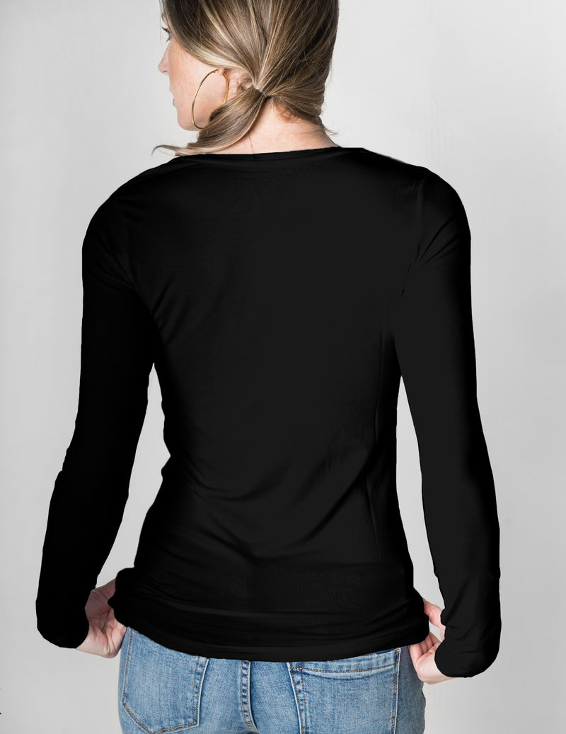 Majestic Long Sleeve Viscose Scoop Neck Tee in Black