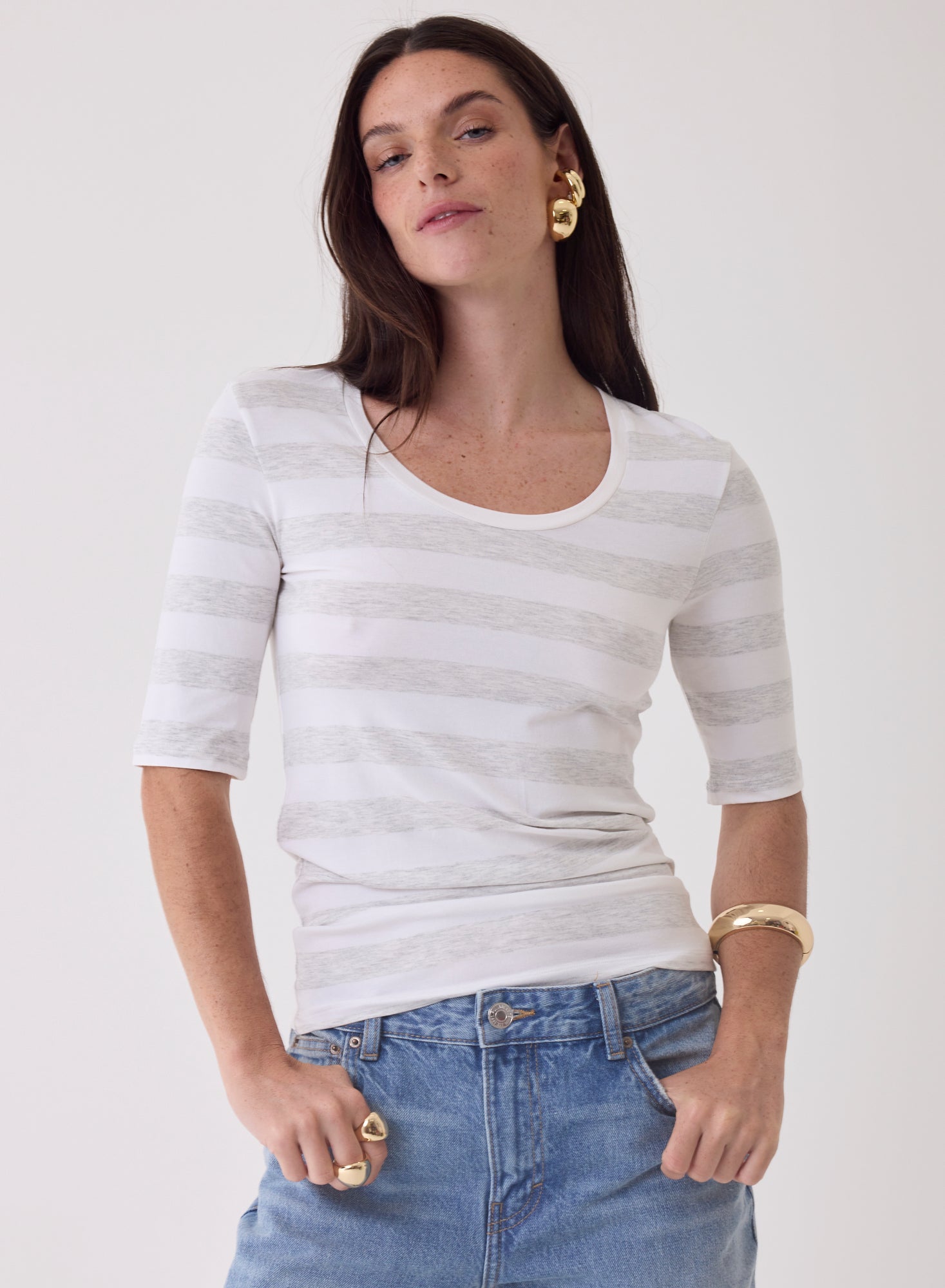 Soft Touch Stripe Elbow Sleeve Tee in Brume Chine
