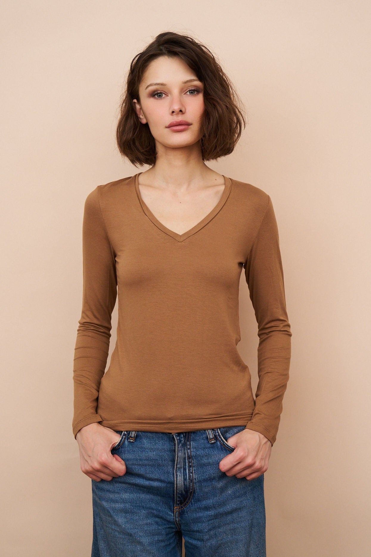 Majestic Long Sleeve Viscose V-Neck Tee in Camel