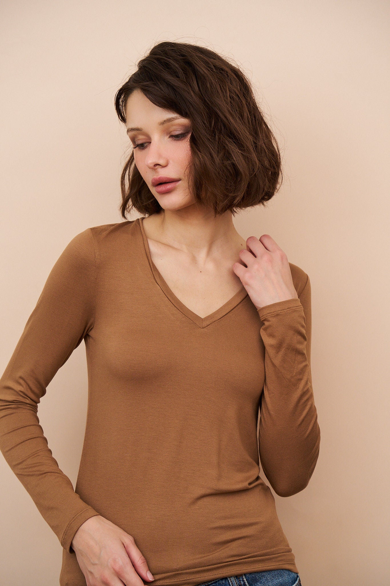 Majestic Long Sleeve Viscose V-Neck Tee in Camel
