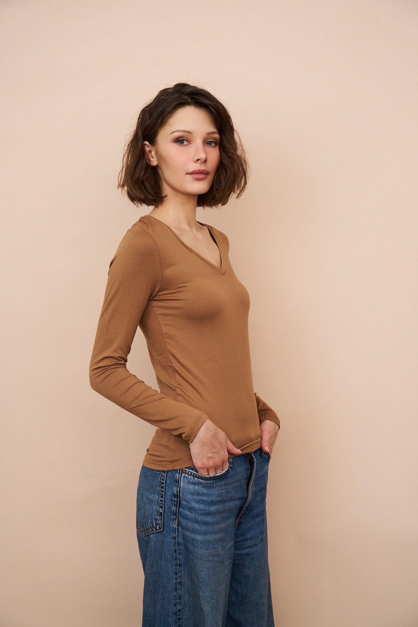 Majestic Long Sleeve Viscose V-Neck Tee in Camel