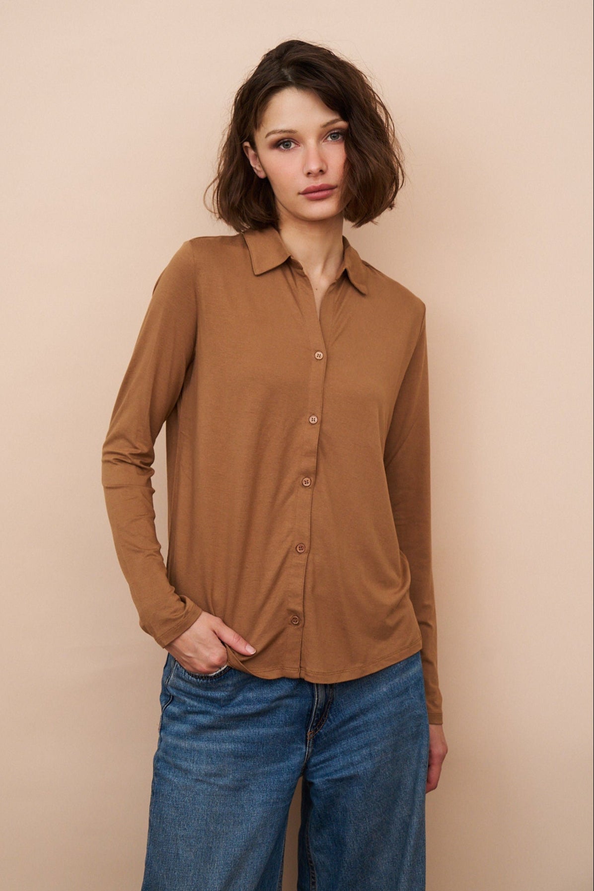 Majestic Soft Touch Semi Relaxed Button Down Long Sleeve in Camel