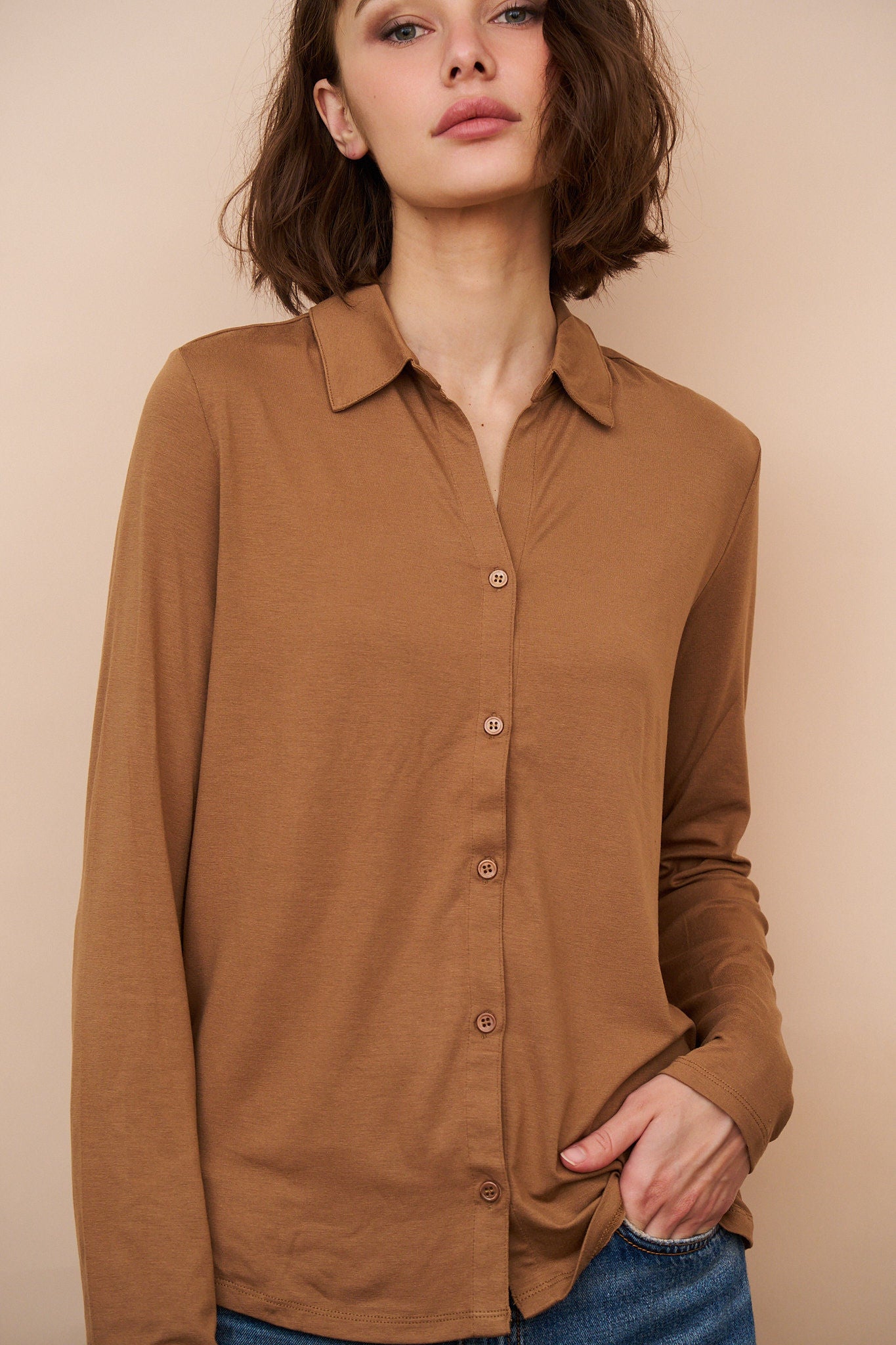 Majestic Soft Touch Semi Relaxed Button Down Long Sleeve in Camel