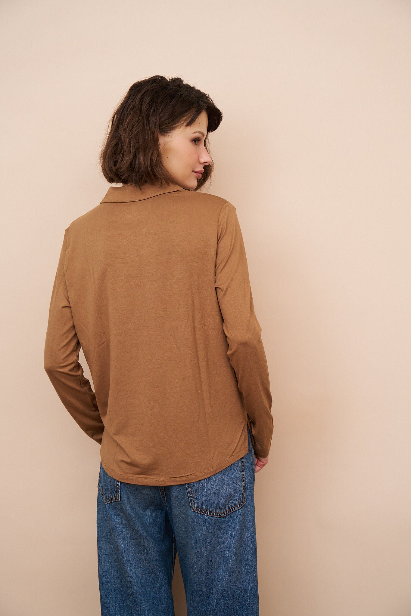 Majestic Soft Touch Semi Relaxed Button Down Long Sleeve in Camel