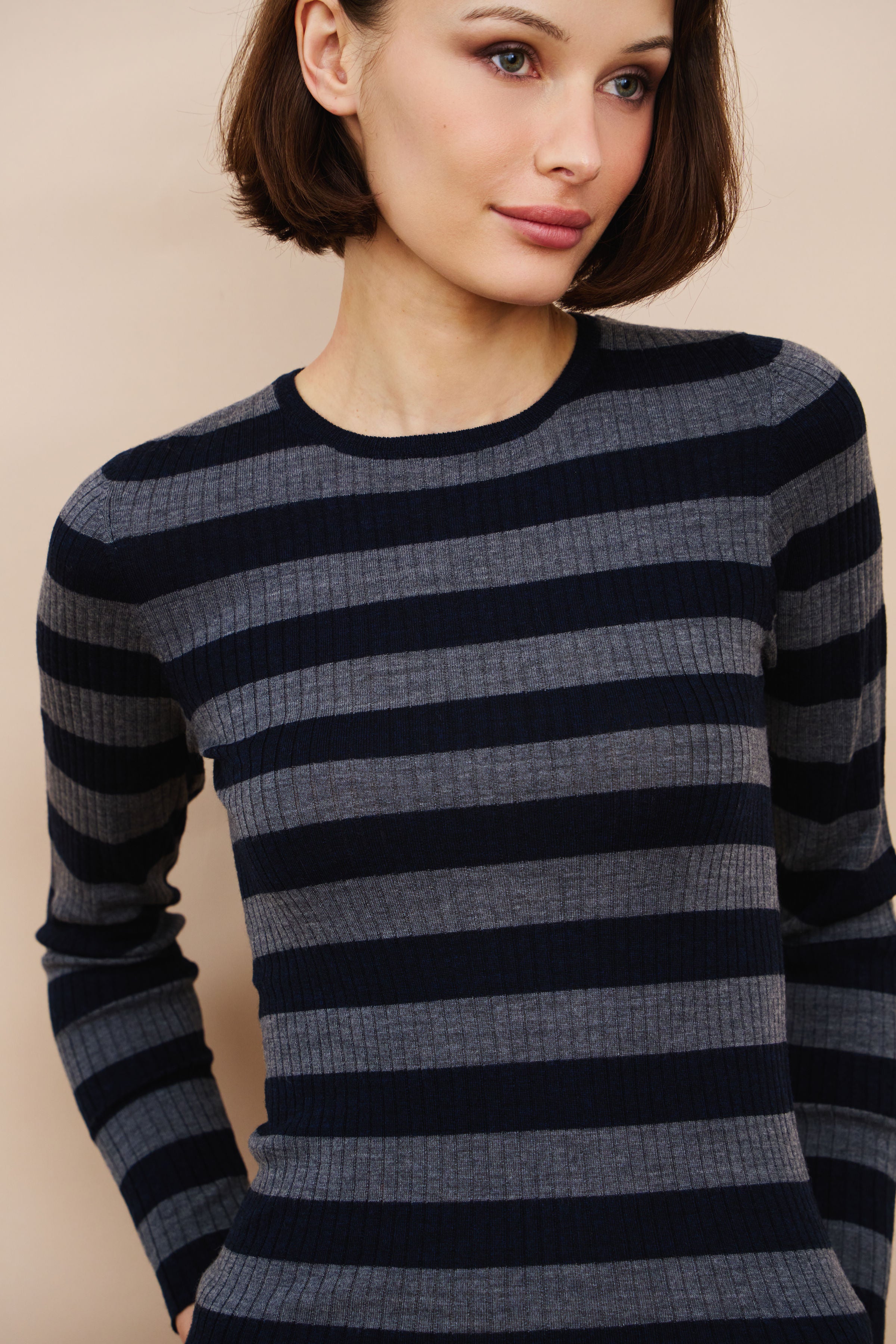 Merino Superfine Rib Knit Stripe Crewneck
