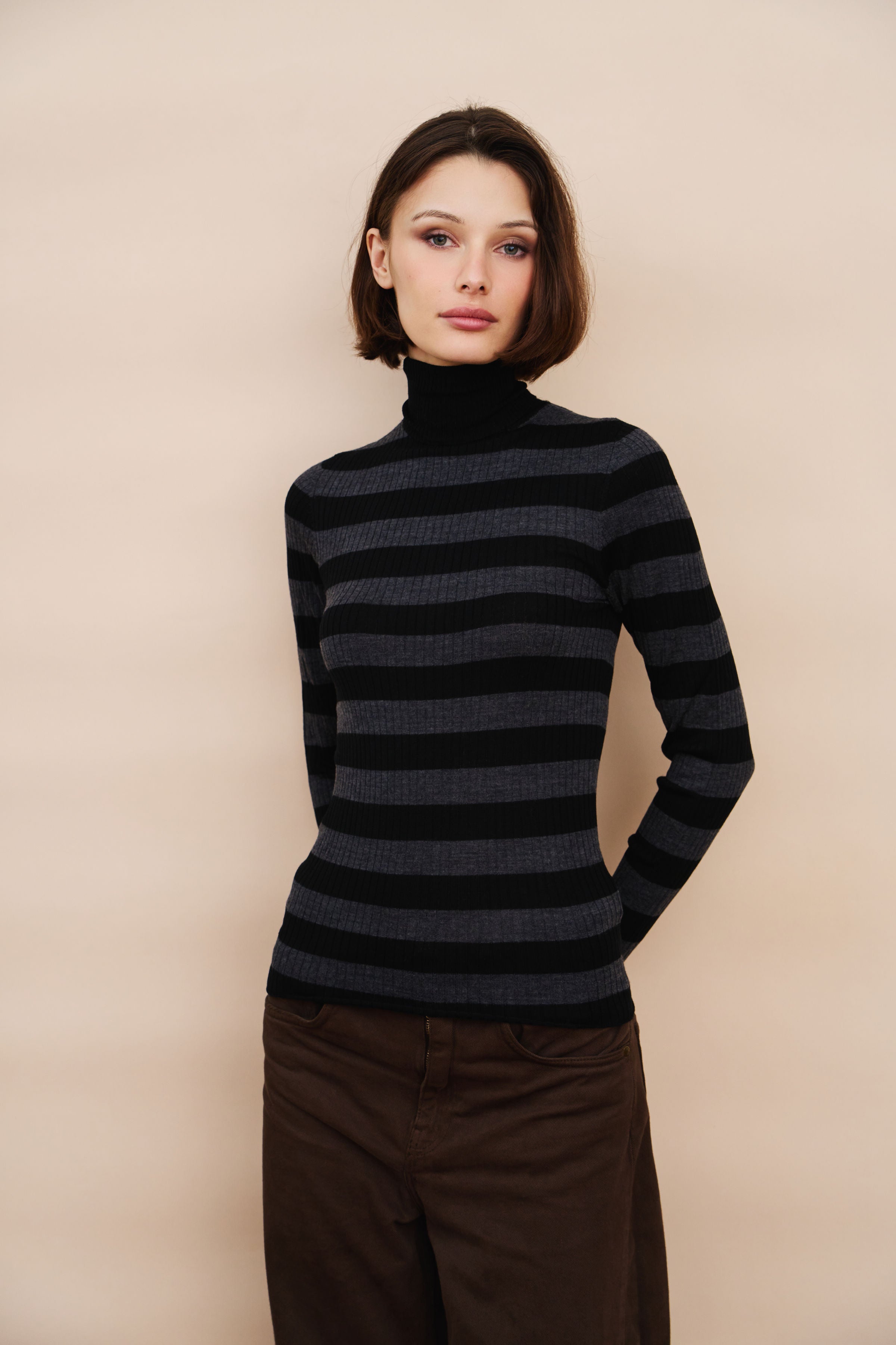 Merino Superfine Rib Knit Stripe Long Sleeve Turtleneck