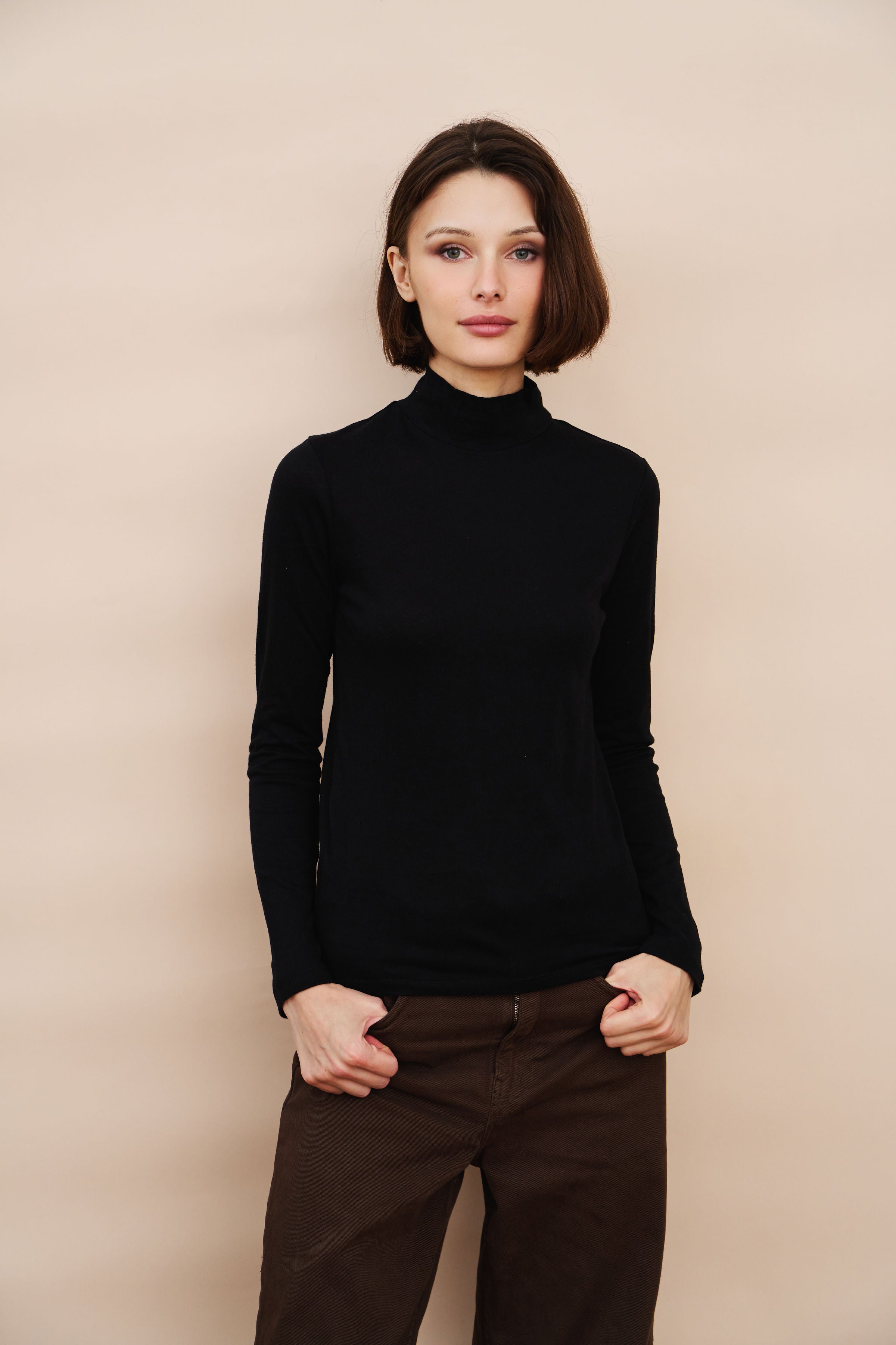 Cotton Cashmere Long Sleeve Mock Neck