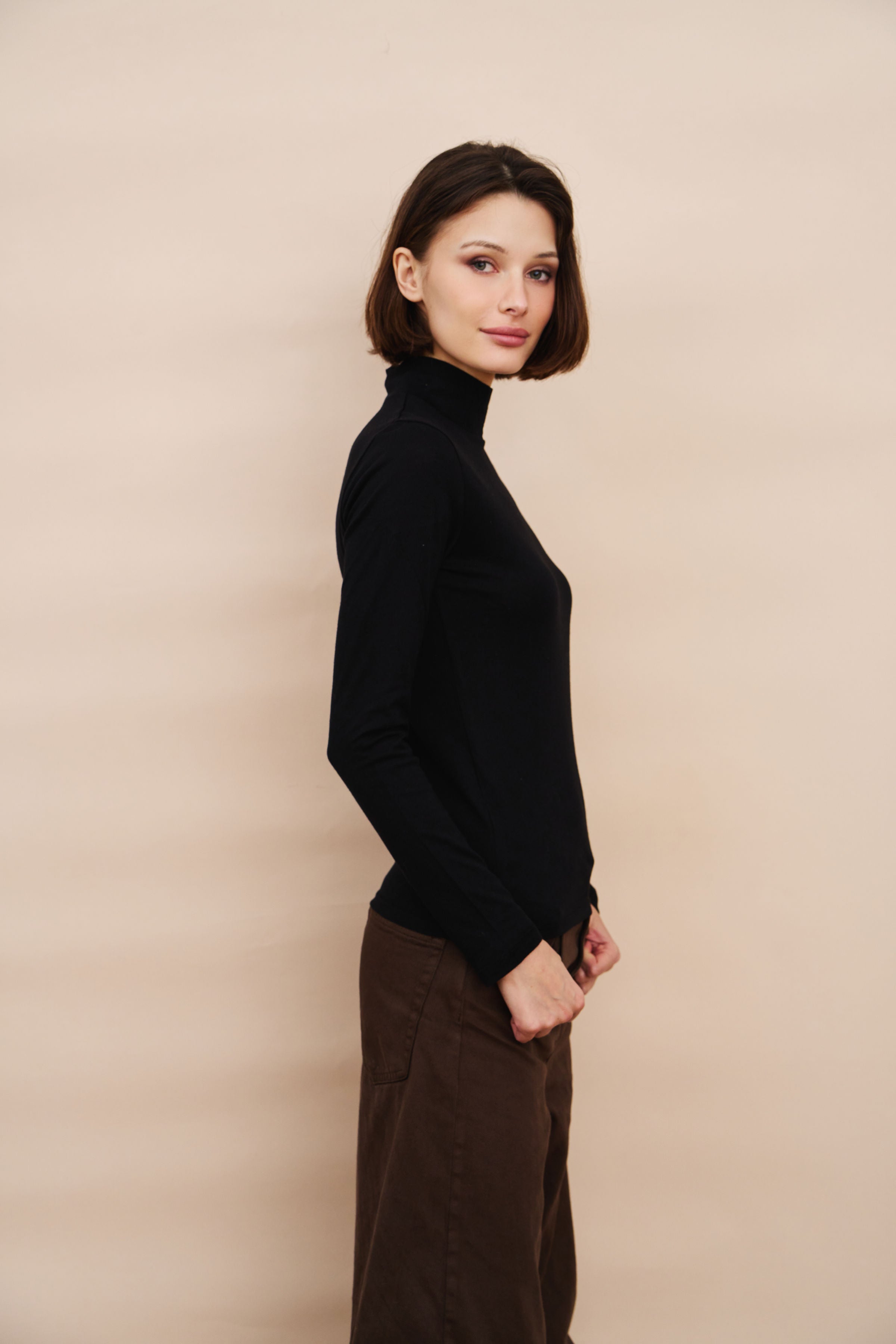 Cotton Cashmere Long Sleeve Mock Neck