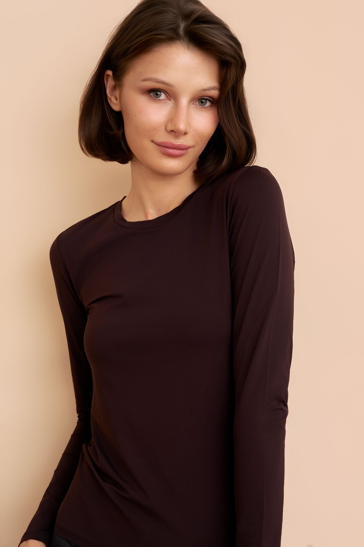 Jersey Stretch Long Sleeve Crewneck in Chocolate Mousse