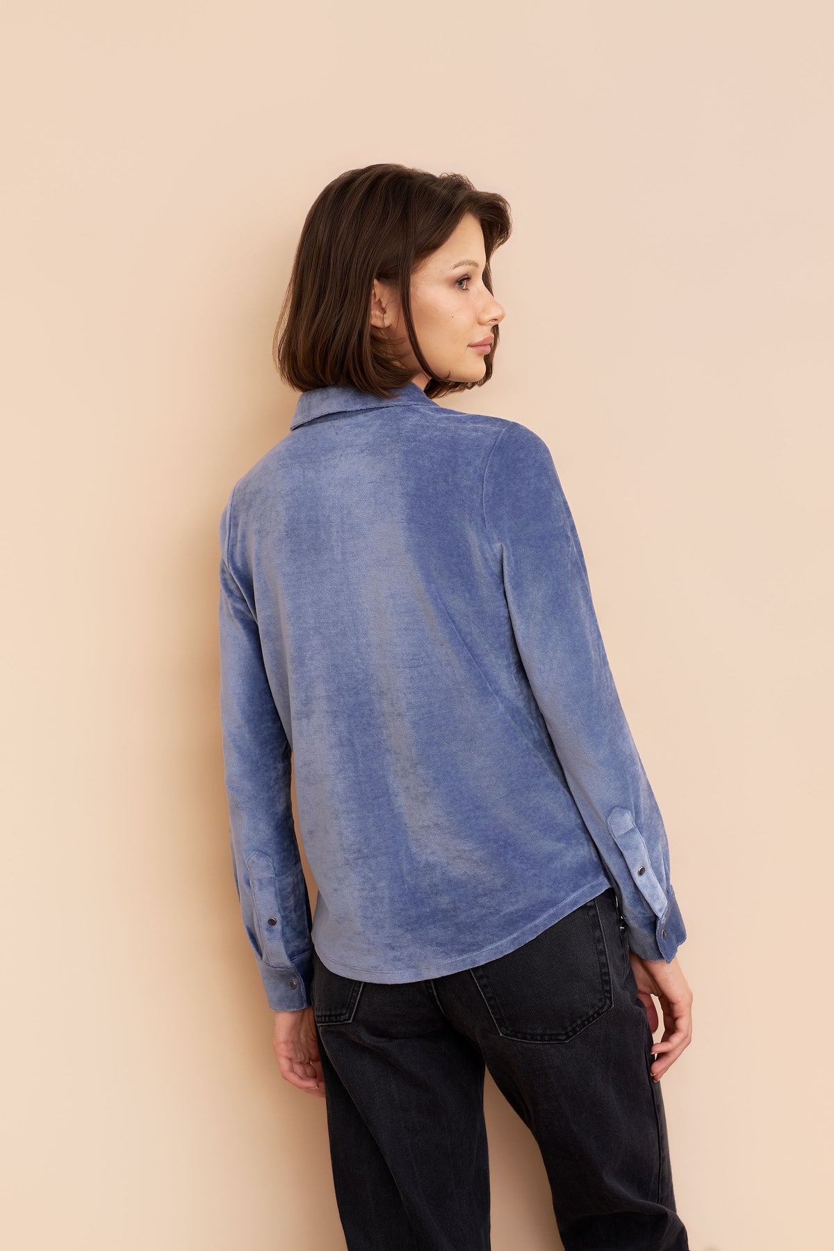 Velour Long Sleeve Shirt with Pockets in Windy Blue