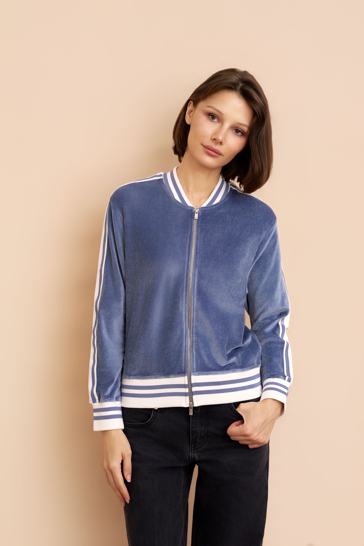 Velour Zip Bomber with Stripe Detail in Windy Blue
