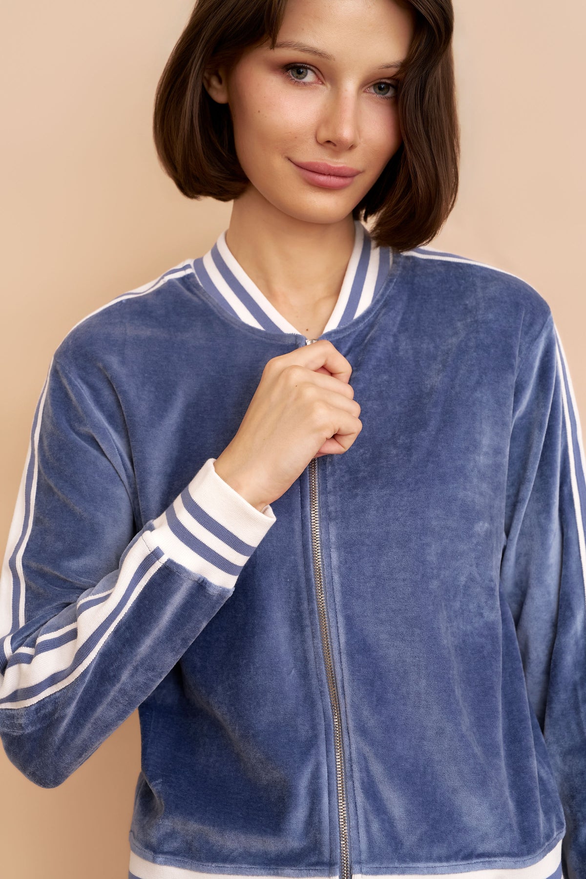 Velour Zip Bomber with Stripe Detail in Windy Blue
