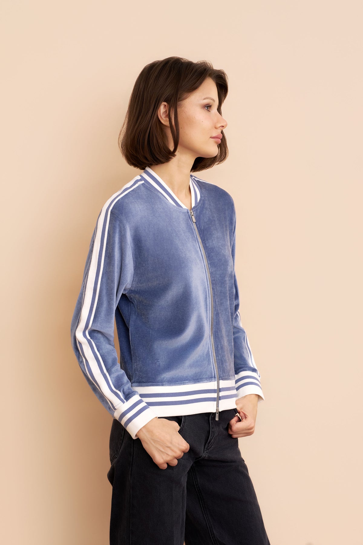 Velour Zip Bomber with Stripe Detail in Windy Blue